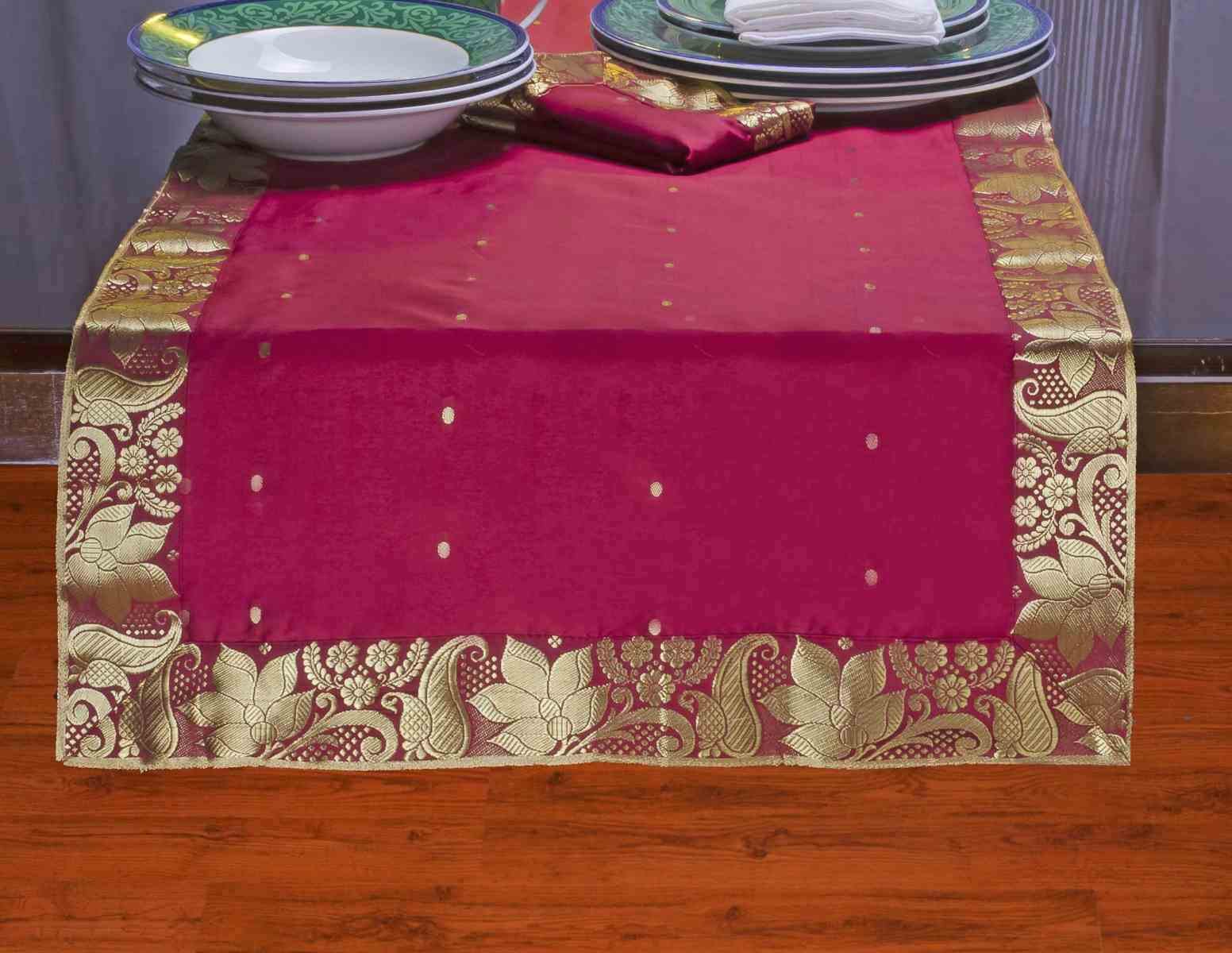 Luxurious Maroon Handmade Indian Silk Sari Table Runner with Golden Borders - 14x70 Inch Wedding Reception & Party Decor for Dining Table, Home Decor, Festive Occasions
