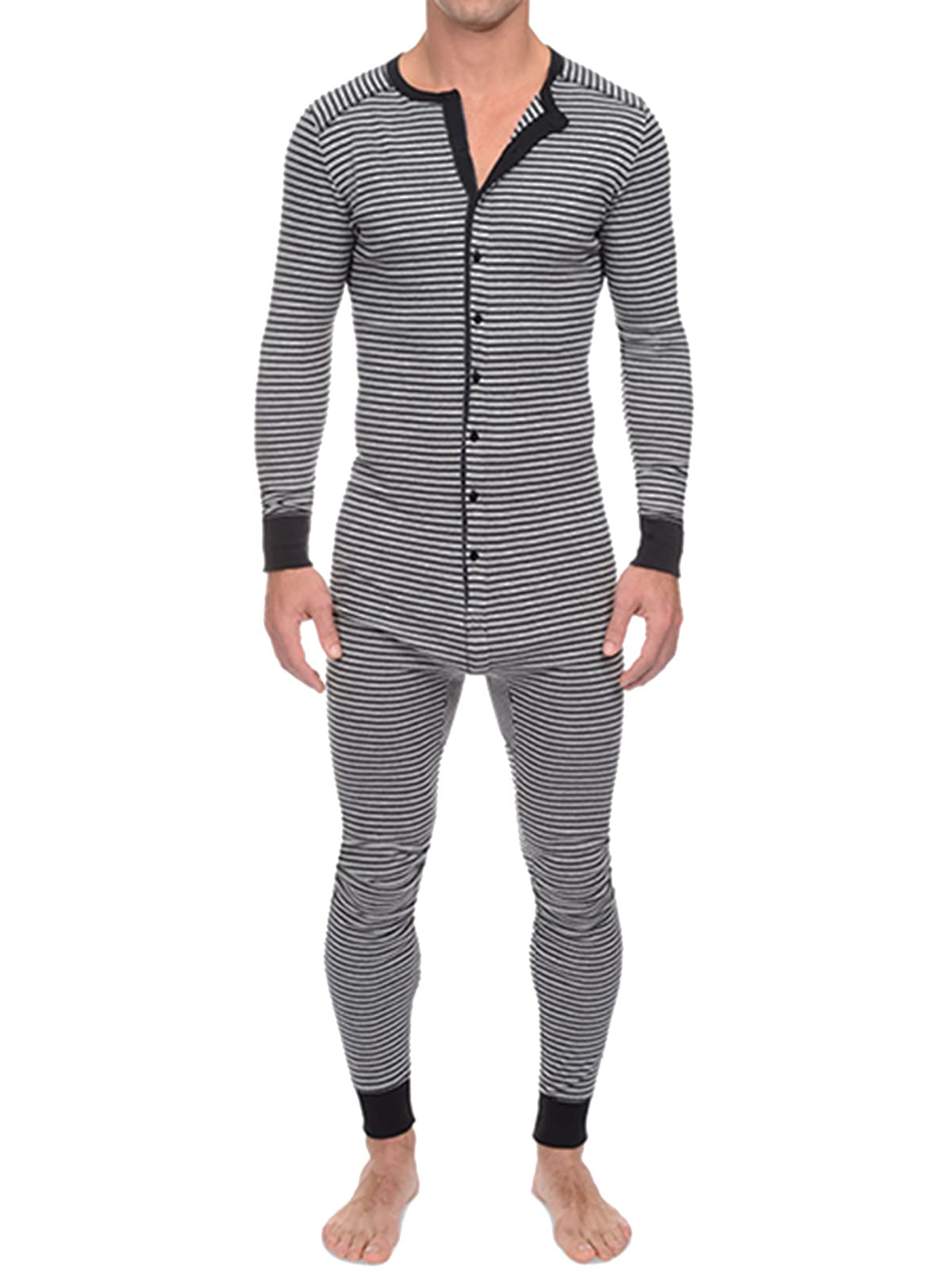 INCERUN Men's Thermal Underwear Set - Long Sleeve Striped Pajamas with Button Down for Winter Base Layer | Warm Sleepwear & Lounge Wear for Cold Weather