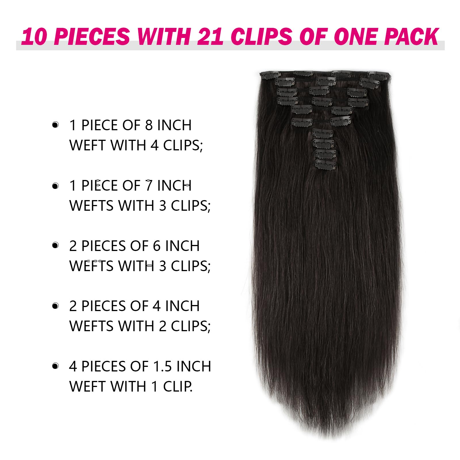 SixStarHair 22 Inch Black Clip In Hair Extensions - 240g Full Head Thick Natural Human Hair Wefts with 21 Clips (10 Pieces) - Easy to Install for Volume & Length - Perfect for Parties, Weddings & Daily Styling