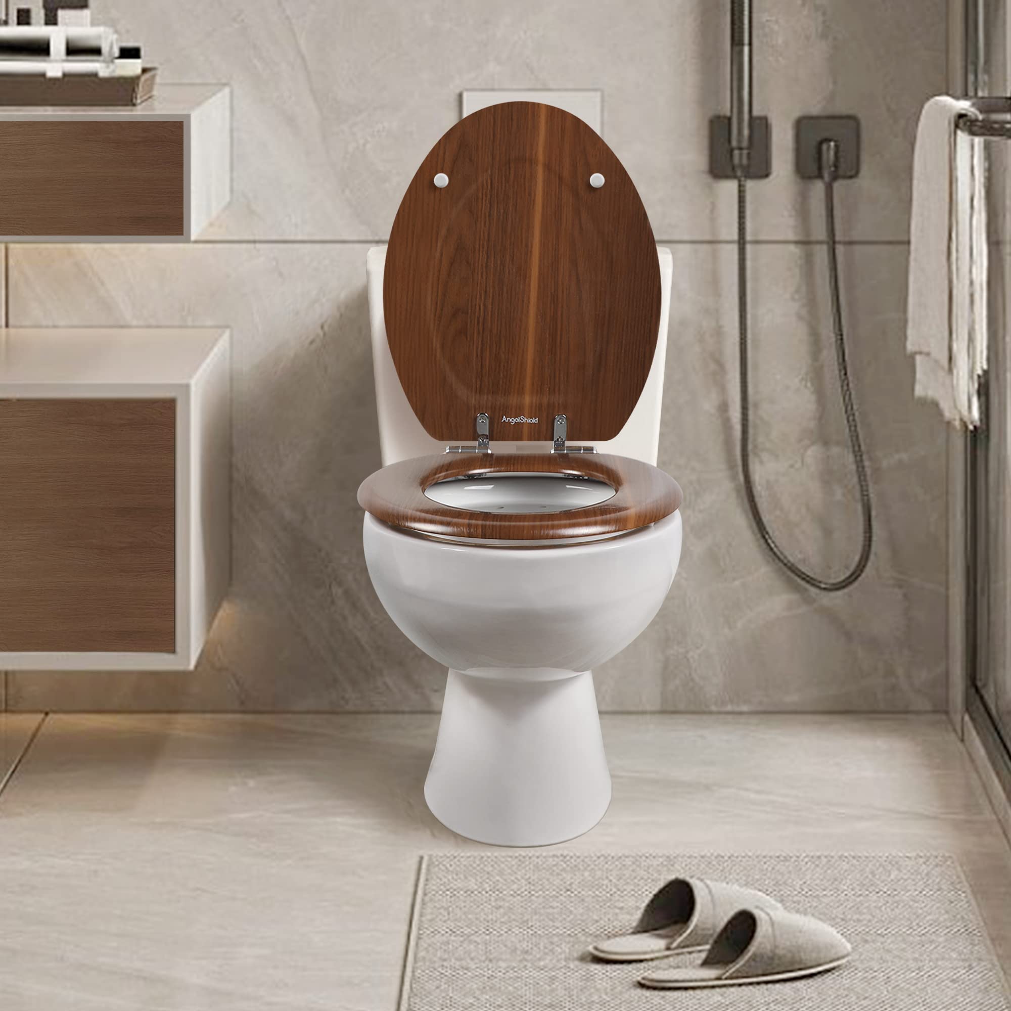 Angol Shiold Elongated Wood Toilet Seat with Soft-Close Hinges - Easy Install & Clean, Quick Release (Walnut Finish) - Perfect for Modern Bathrooms & Home Renovations
