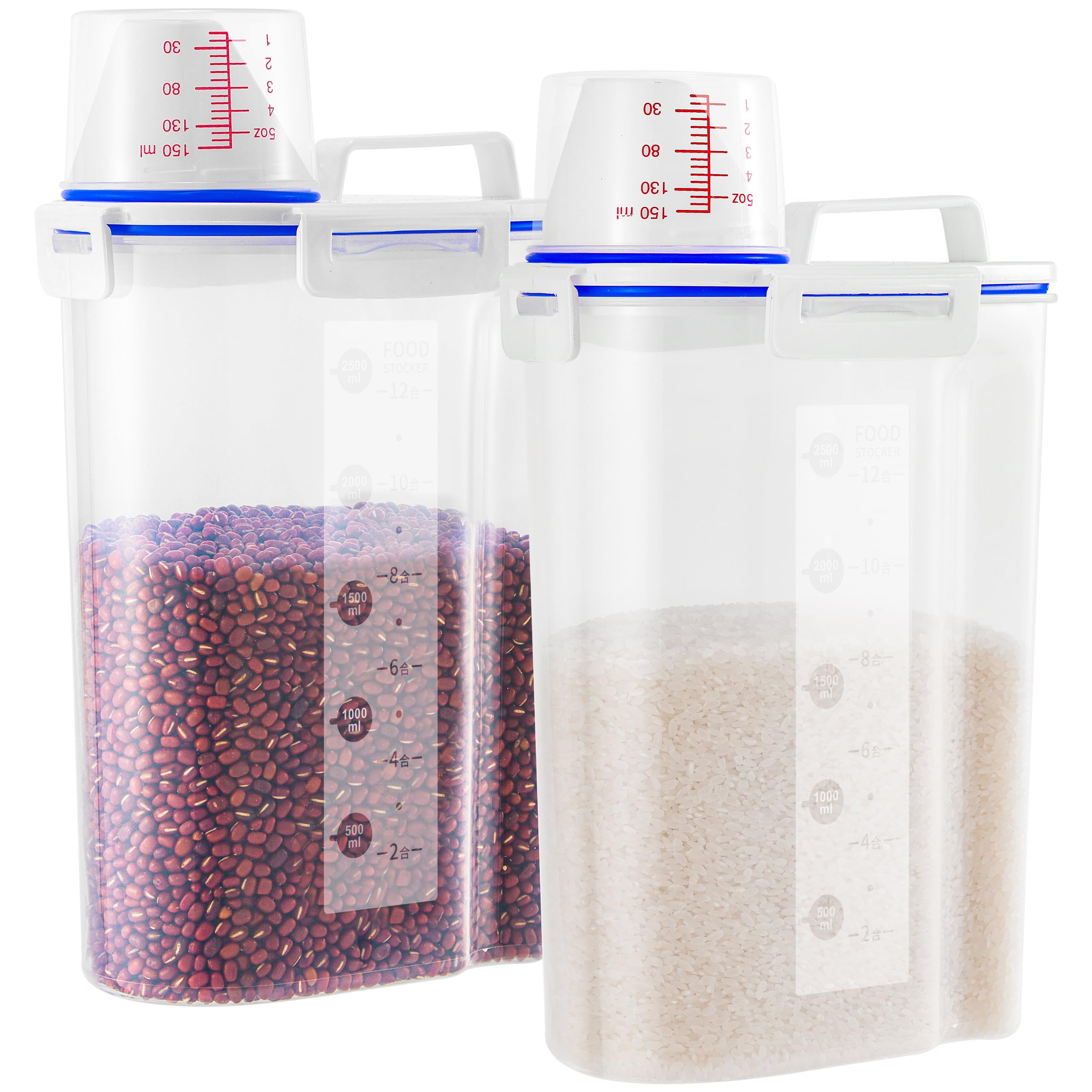 2-Piece Rice Dispenser Set - 10 lbs Airtight Plastic Storage Containers with Measuring Cup & Pour Spout for Rice, Cereal, Grain, Flour, Sugar, Oatmeal & Dry Pet Food - Perfect for Kitchen Pantry Organization & Bulk Food Storage