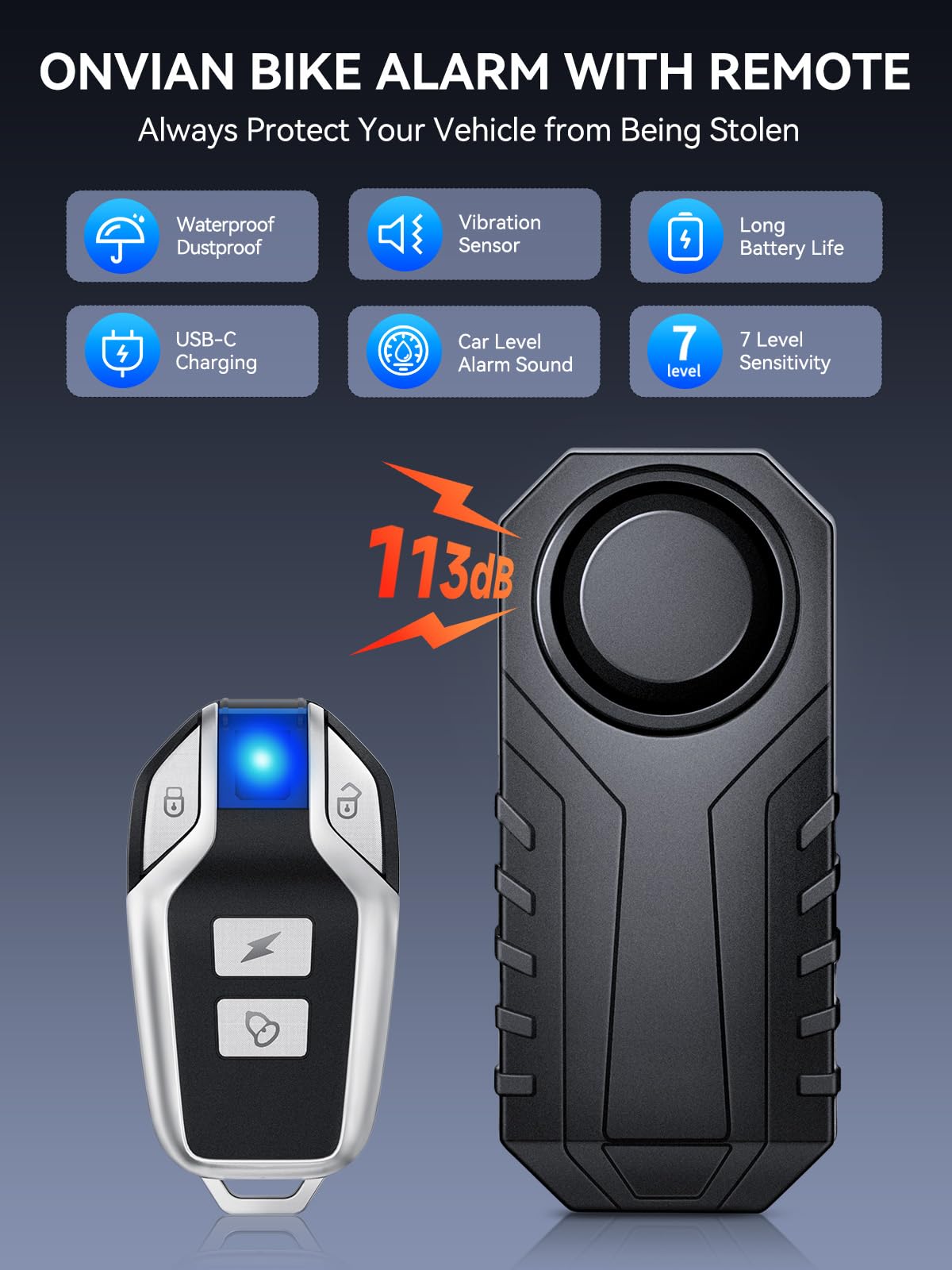 Onvian Upgraded Rechargeable Bike Alarm - Wireless Vibration Motion Sensor Anti-Theft Alarm with Remote | IP65 Waterproof Motorcycle Security System | Perfect for Ebikes, Bicycles, Scooters & Cars | Ideal for Urban Commuting, Parking Security & Outdoor Adventures