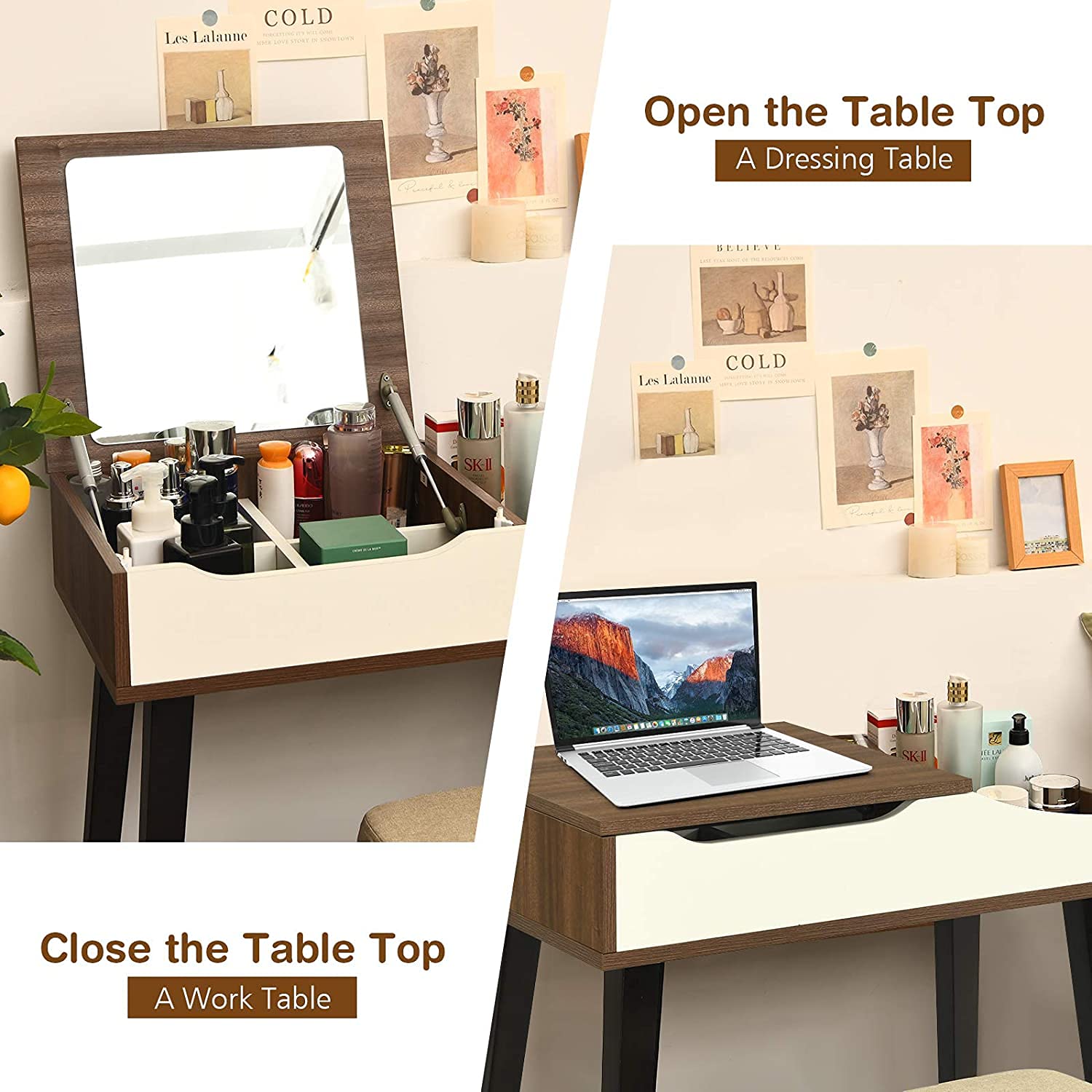 Nightcore Vanity Set with Flip Top Mirror & Cushioned Stool - Dressing Table with Removable Organizer for Makeup, Bedroom & Dressing Room - Perfect for Beauty Routine, Cosmetics Storage & Home Decor