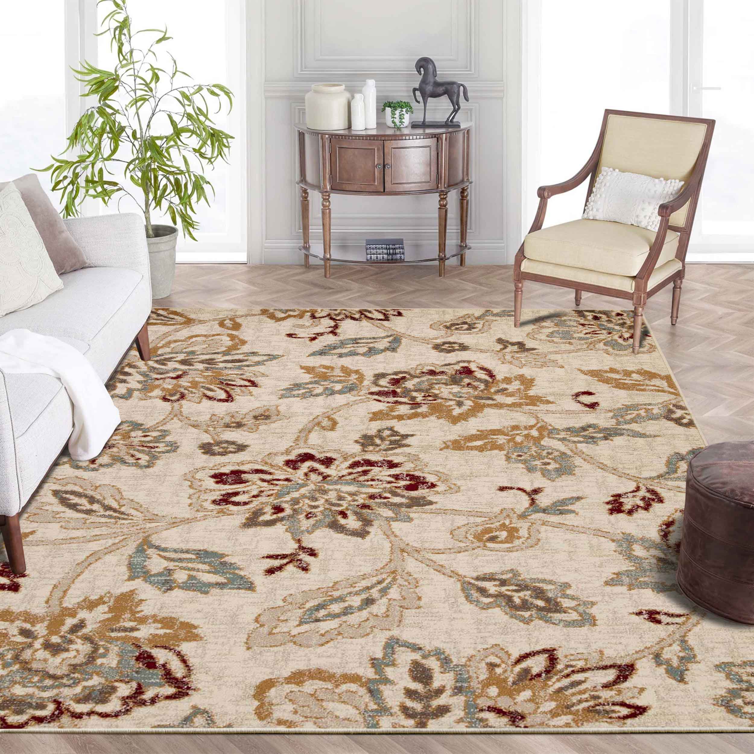 Jacobean Floral Modern Farmhouse Indoor Area Rugs & Runner Rugs - Soft Non-Slip Living Room Bedroom Decor for Cozy Home