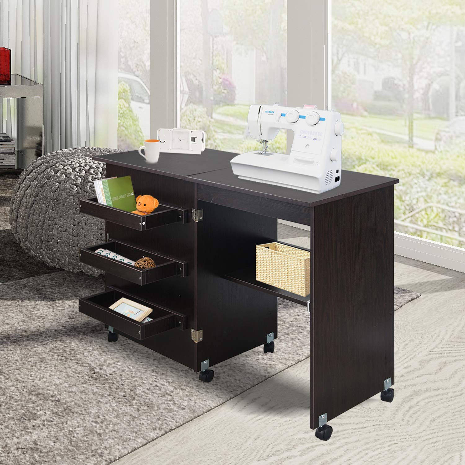 Usinso Folding Sewing Table with Storage Shelves - Portable Rolling Sewing Machine Cart, Multifunctional Craft Cabinet & Computer Desk with Lockable Casters (Dark Brown) - Perfect for Home Sewing Projects, Quilting, and DIY Craft Workspaces