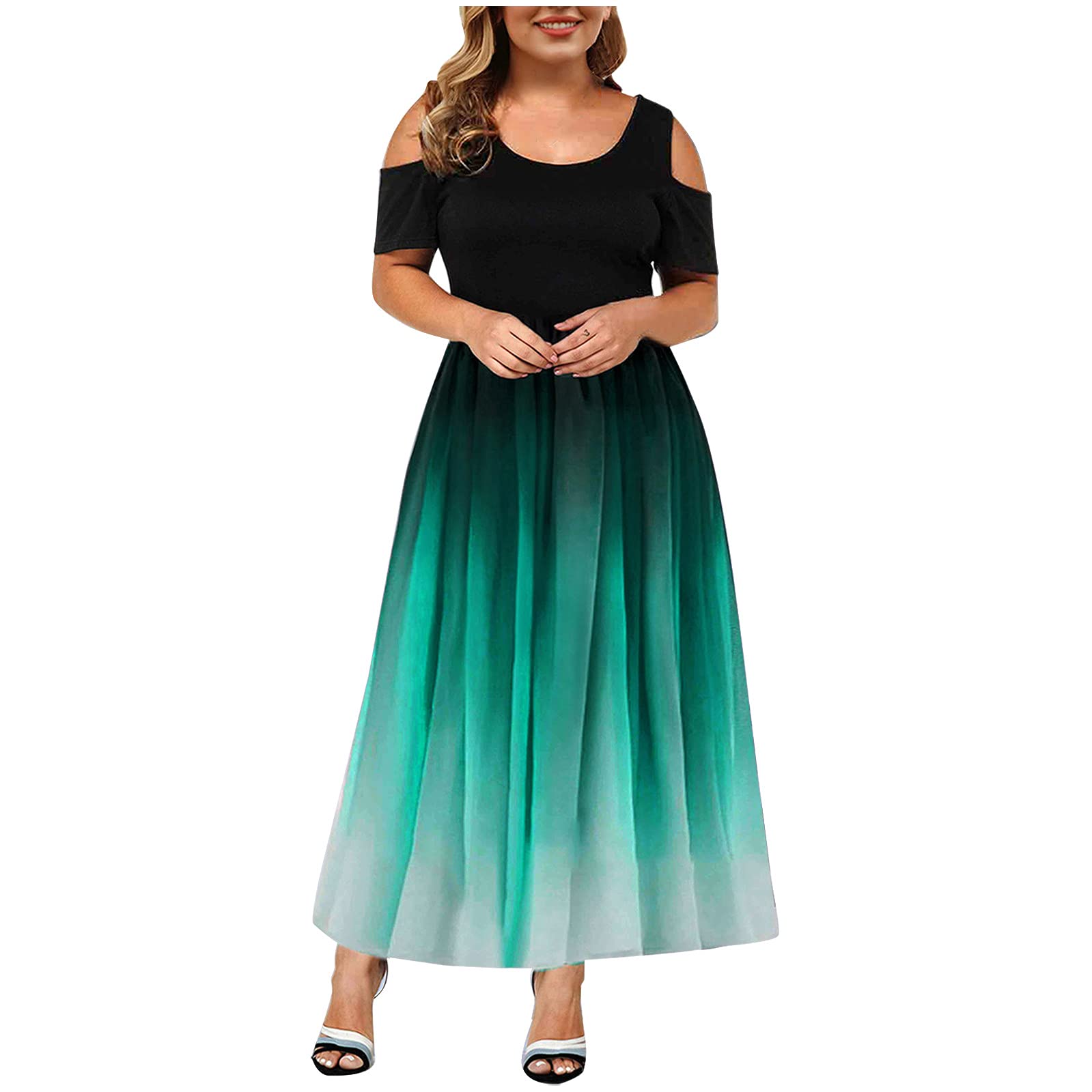 Plus Size Maxi Dress for Wedding Guest - Women's Tie Dye Lace Cold Shoulder Short Sleeve Long Dress | Elegant Summer Beach Party, Cocktail Reception & Formal Occasion Wear