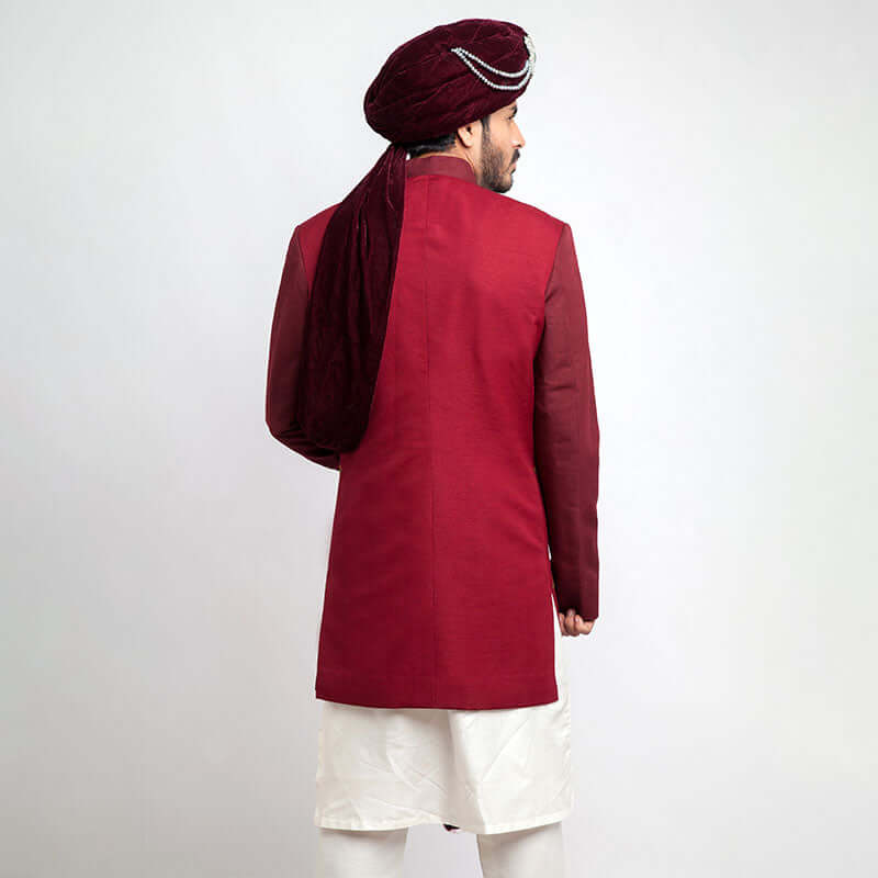Burgundy and Maroon Velvet Short Sherwani for Men | Indian Wedding Outfit | Traditional Kurta for Festivals & Special Occasions | Perfect for Groom Wear, Diwali & Mehndi Ceremonies
