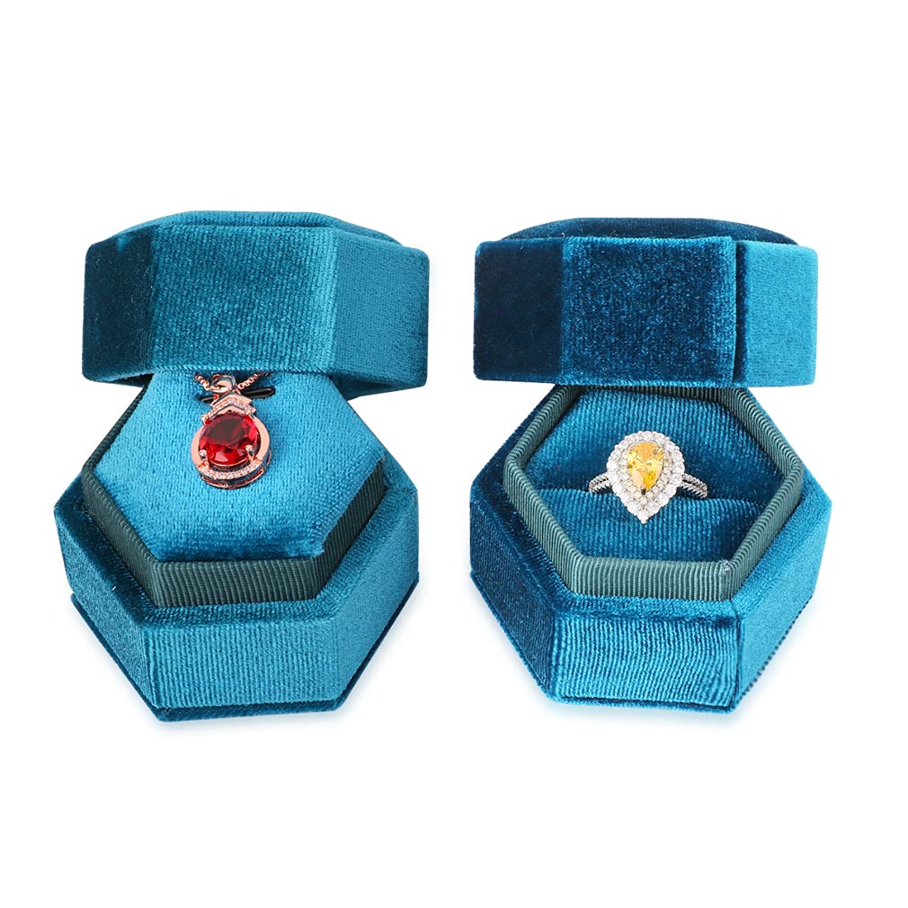 iSuperb 2-Piece Velvet Ring Box Set - Vintage Hexagon Jewelry Box for Engagement Rings, Wedding Bands & Gifts - Perfect for Wedding Ceremonies, Proposals, Anniversary, Birthday & Christmas (Light Blue)