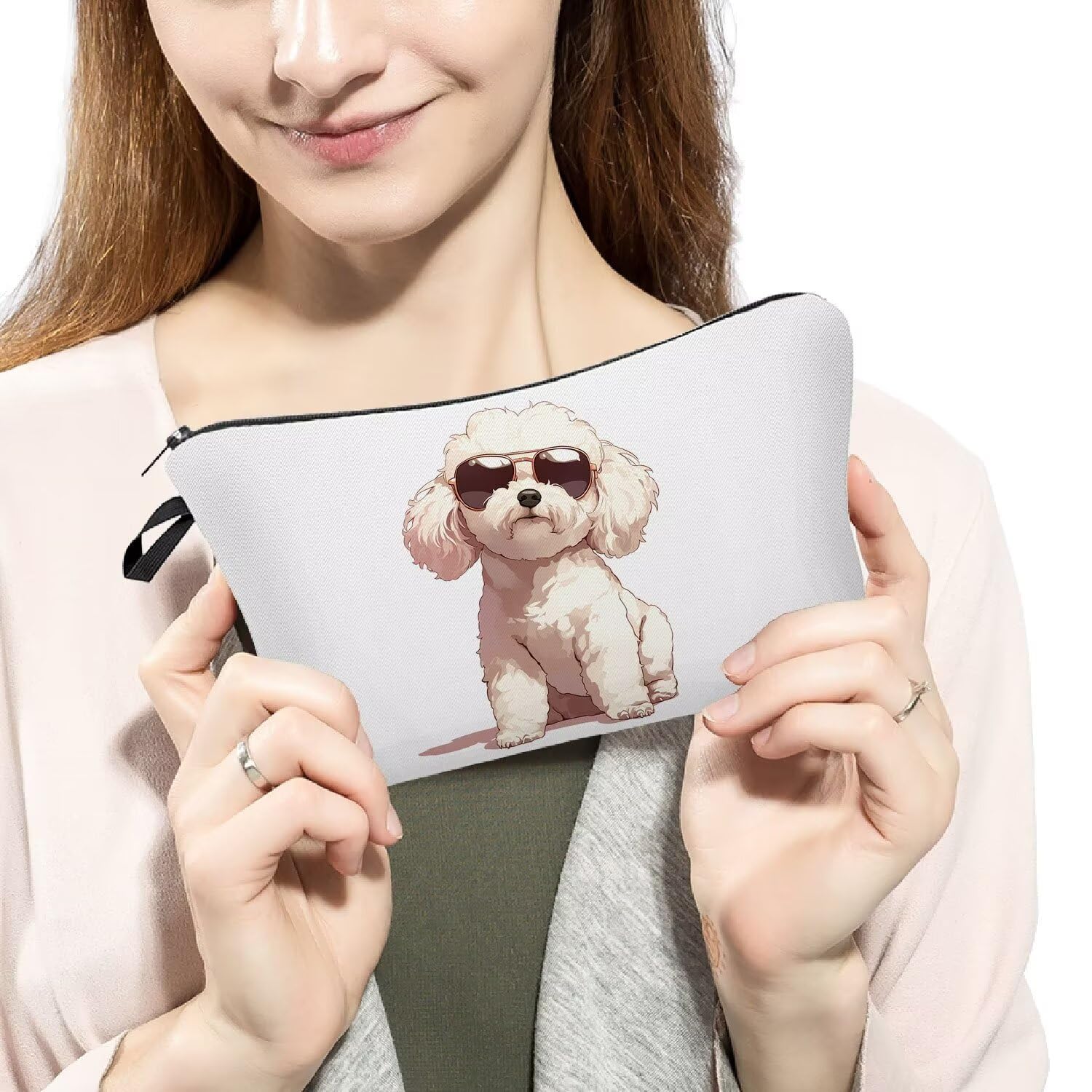 Funny Bichon Frise Makeup Bag - Small Organizer Toiletry Pouch with Zipper - Cute Cartoon Sunglasses Design - Perfect Cosmetic Bag Gift for Bichon Lovers & Dog Moms - Great for Travel, Gym & Daily Makeup Storage