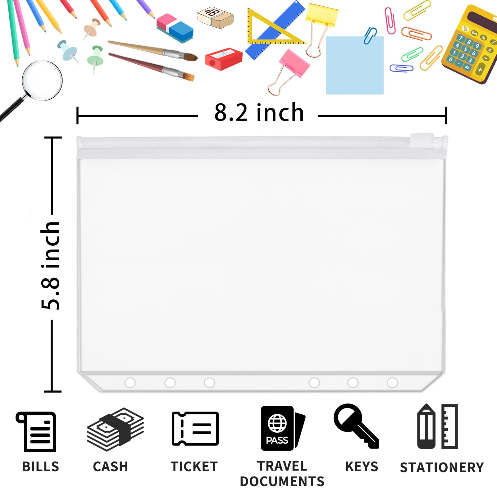 30pcs Transparent A5 Binder Pockets - 6 Holes Zipper Folders PVC Card Loose Leaf Bags | Waterproof Cash Envelopes for Budgeting, 6-Ring Notebook & Planner Inserts | Perfect for School, Office, and Home Organization