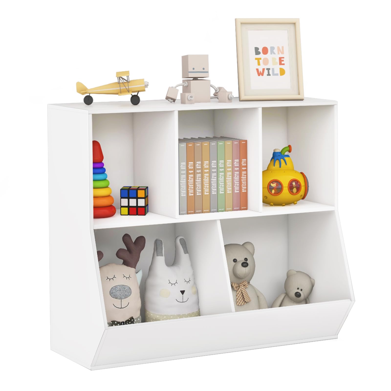 5 Cubby Open Wooden Kids Bookshelf & Toy Organizer - Toddler Playroom Storage for Bedroom, Nursery, and Daycare Organization