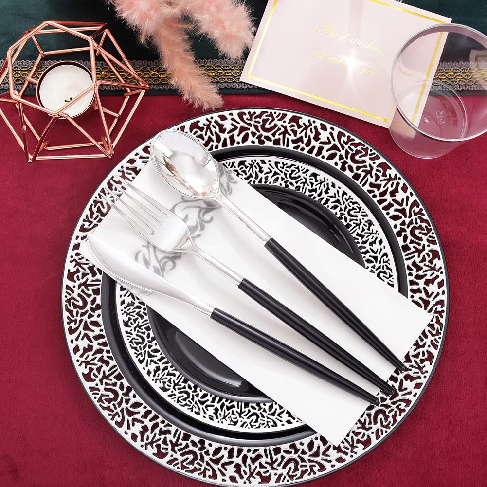 350-Piece Black & Silver Plastic Dinnerware Set - Disposable Plates, Silverware & Napkins for 50 Guests - Elegant Party Supplies for New Year Celebrations, Weddings & Special Events