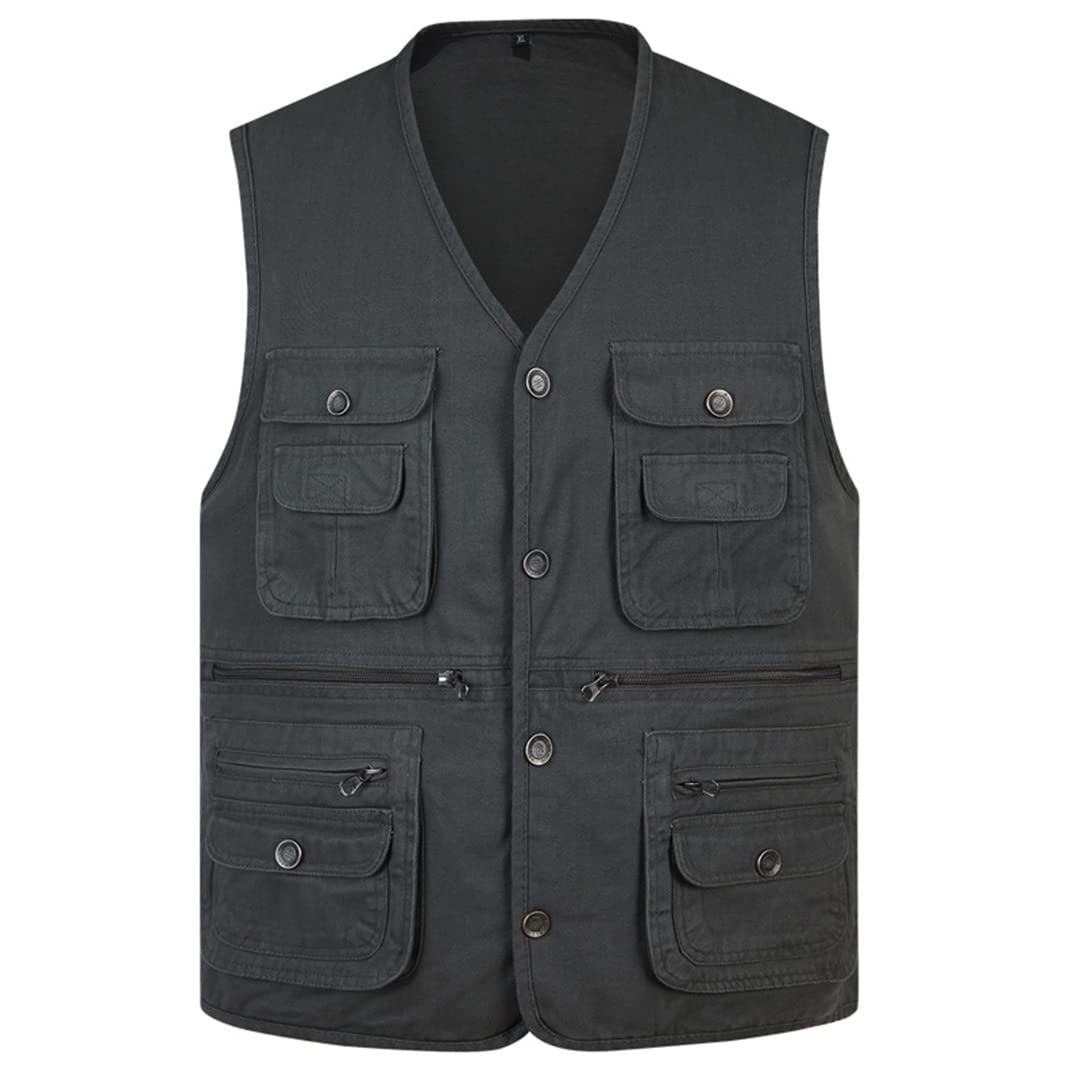 Men's Cotton Button-Down Vest with Multiple Pockets - Sleeveless Jacket for Travel & Outdoor Activities - Casual Solid Waistcoat for Hiking, Camping & Daily Wear