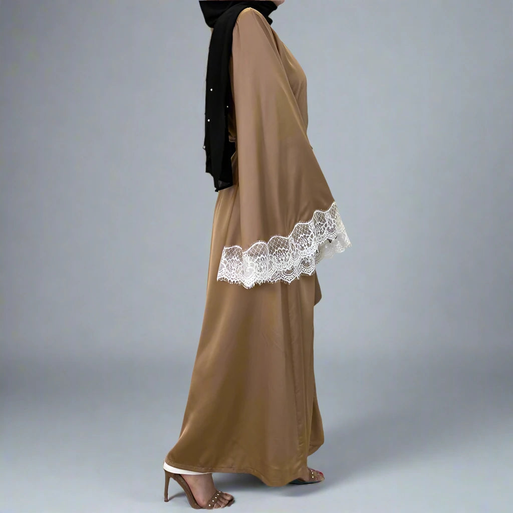 Elegant Muslim Abaya Dress - Embroidered Satin Open Front Long Dress for Women | Perfect for Prayer, Mosque, Eid & Special Occasions