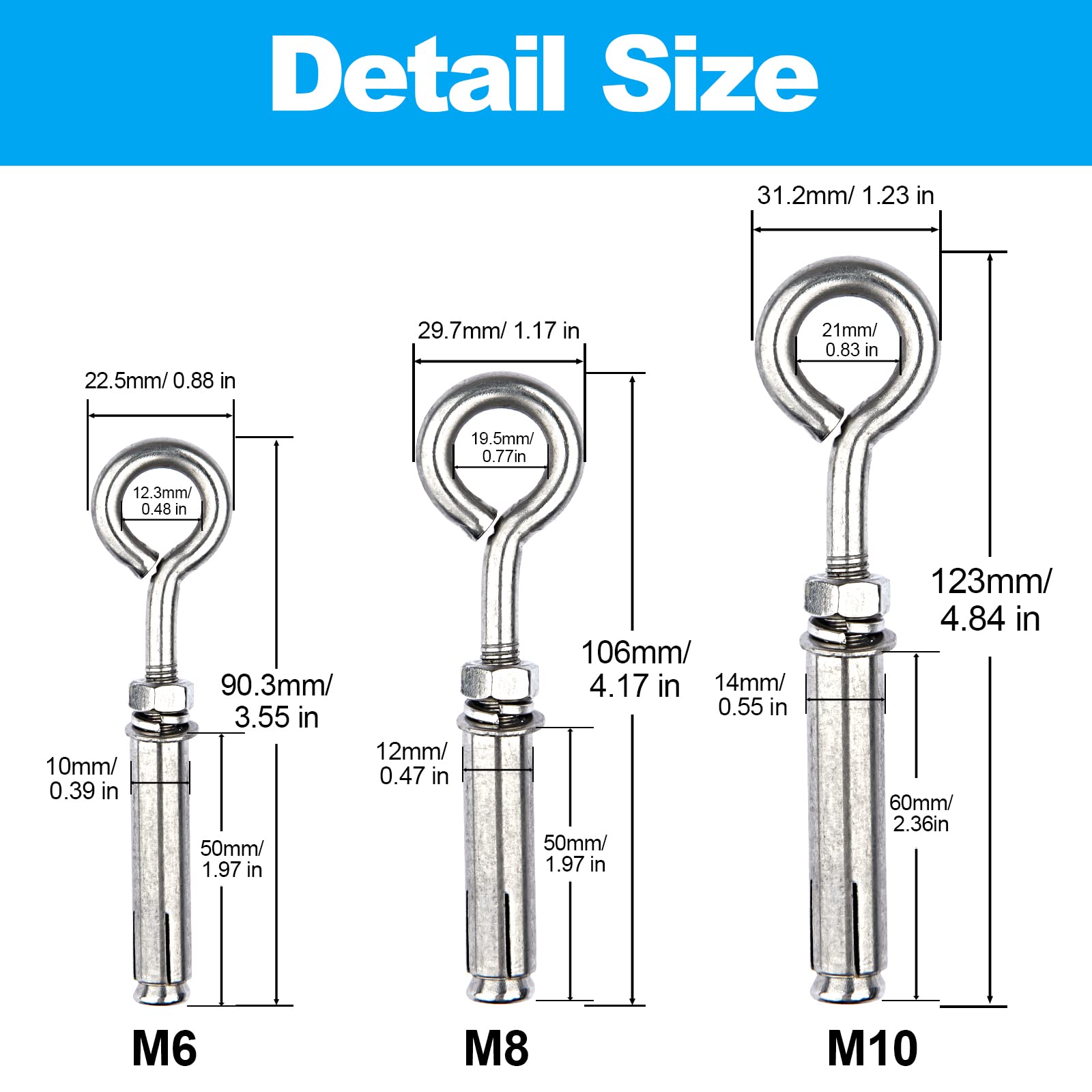 Heavy Duty M6 Shoulder Eye Bolts - Stainless Steel Wall Anchors for Concrete & Masonry - 10pcs (Ceiling & Wall Mounting)