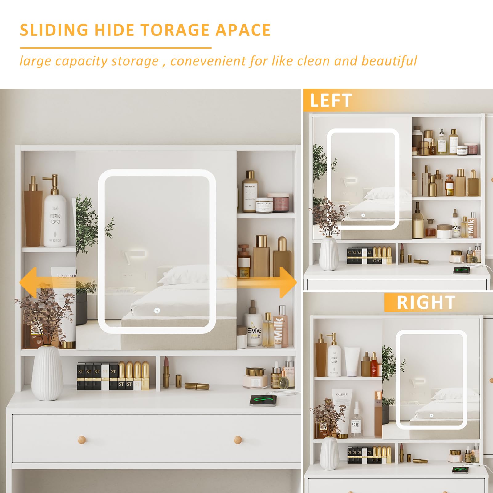 Vanity Desk with Mirror, LED Lights & USB Charging Station - 3-Drawer Glass Top Dressing Table with Jewelry Storage Cabinet, 42.8 Inch Modern Makeup Vanity for Bedroom & Dressing Room