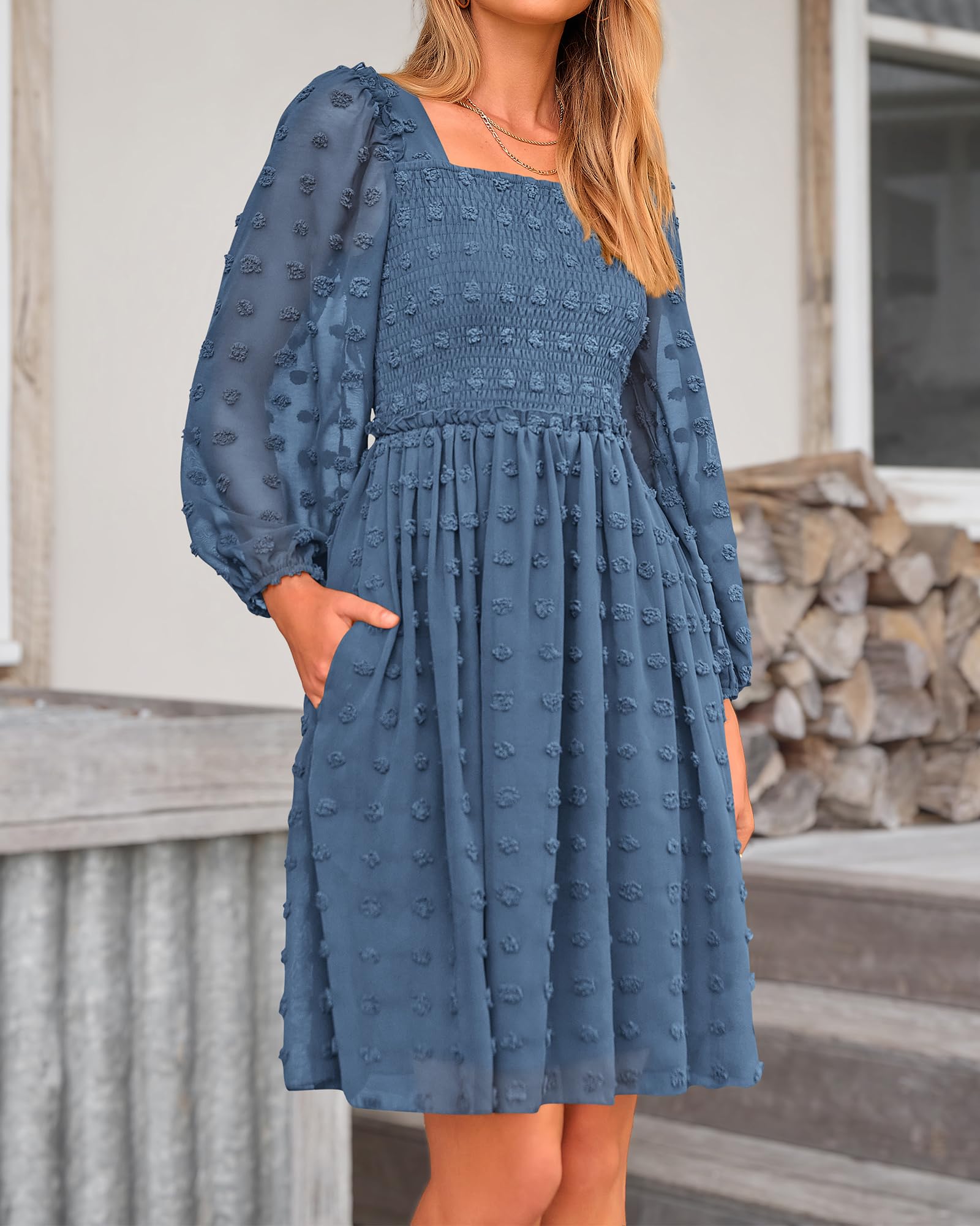 BTFBM Women's Square Neck Smocked Floral Swiss Dot Mini Dress - Long Sleeve Boho Wedding Guest Dress for Spring Summer 2025 | Perfect for Garden Parties, Bridal Showers & Date Nights
