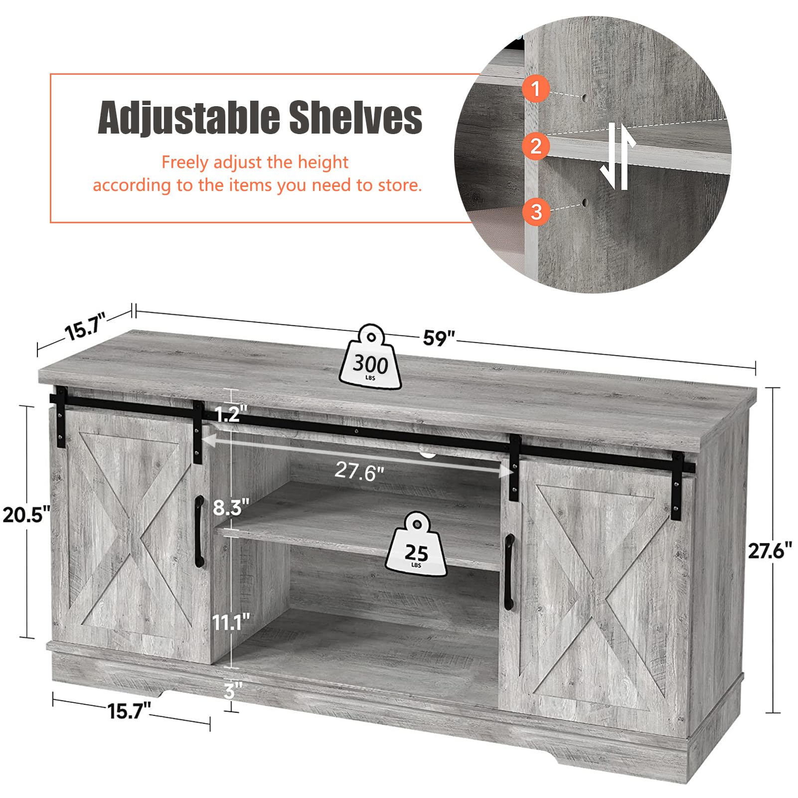 Farmhouse TV Stand for 65 Inch TV - Gray Entertainment Center with Barn Doors, Storage & Shelves - Modern Media Console Cabinet for Living Room, Bedroom & Home Theater Setup