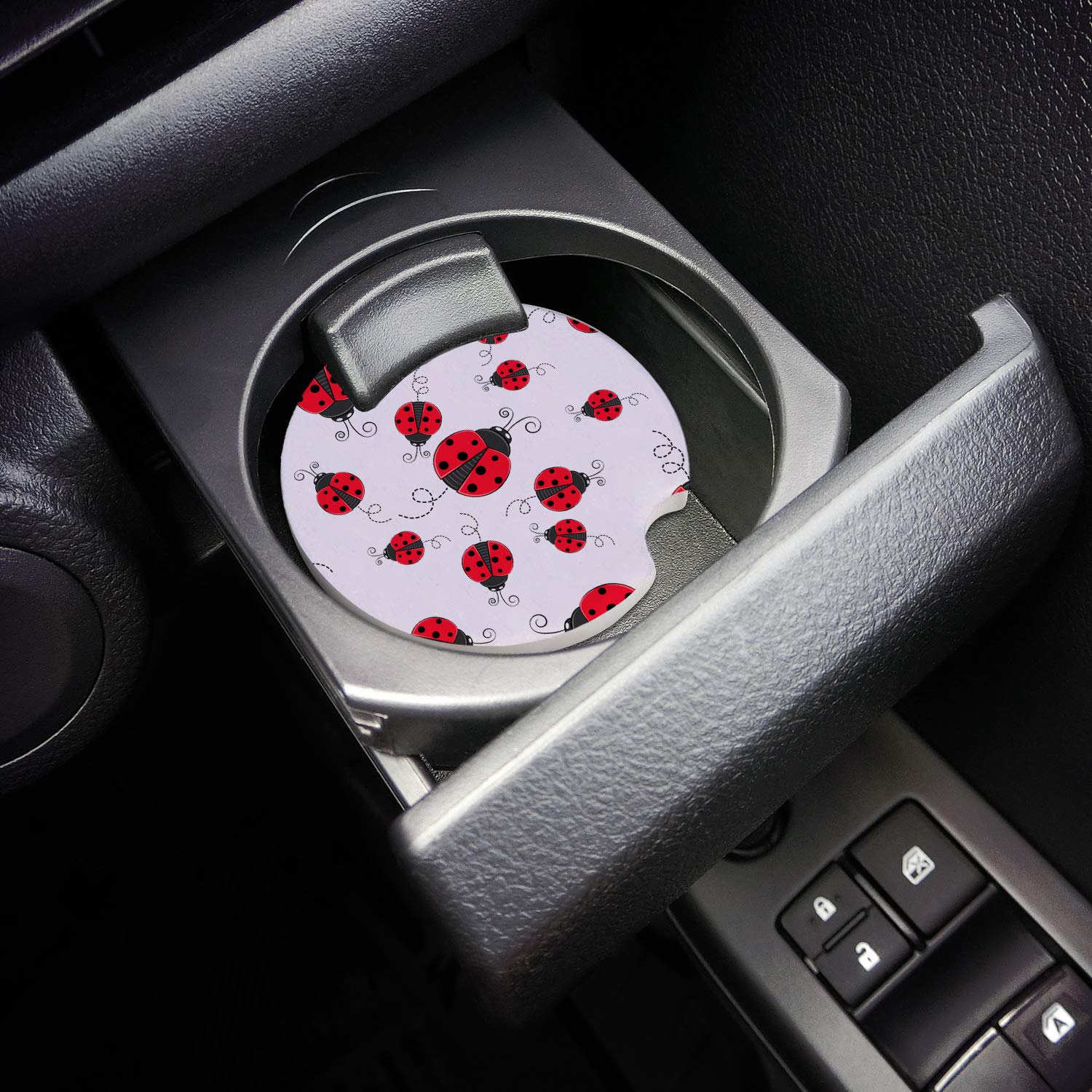 Cute Ladybug Cartoon Ceramic Car Coasters Set of 4 - Absorbent Cup Holder Mats for Cars, Spill-Proof Auto Accessories to Protect Your Vehicle - Perfect for Coffee, Drinks & Keeping Car Clean (Red Ladybug Design)