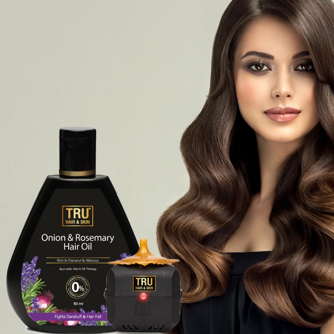 TRU HAIR & SKIN Onion & Rosemary Hair Growth Oil - 100% Pure Natural Treatment for Hair Loss & Thinning Hair - 110ml with Free Hair Heater | Perfect for Daily Scalp Massage & Overnight Hair Care