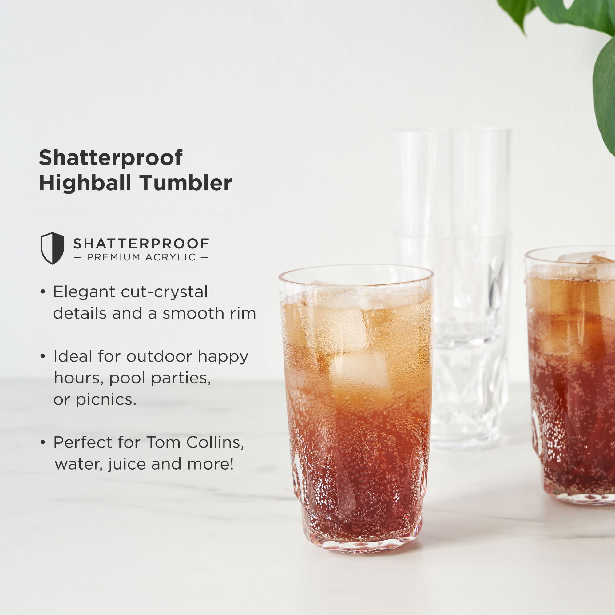 Shatterproof Acrylic Highball Tumblers Set of 4 - Unbreakable Drinking Glasses for Cocktails, Iced Coffee & Smoothies - Perfect for Pool Parties, BBQs & Outdoor Entertaining