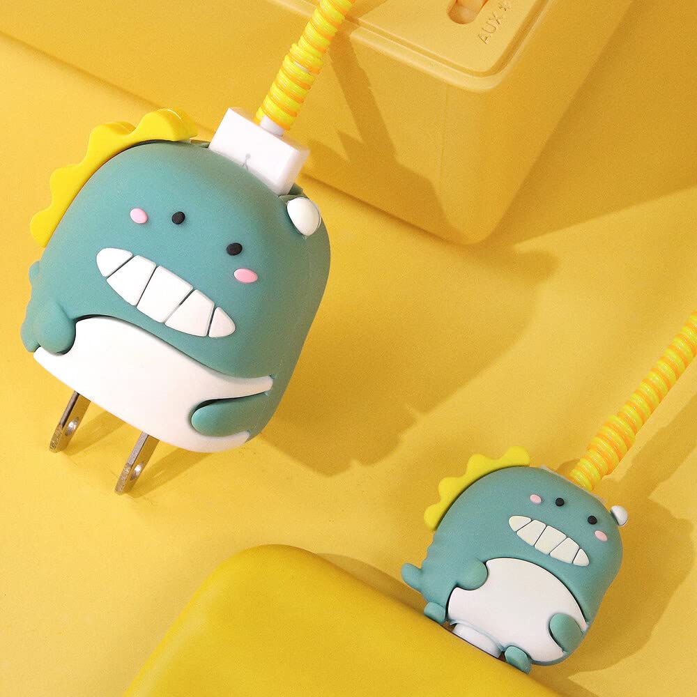 Cute Cartoon Soft Silicone Charger Cover for iPhone - 5W Charger Protector & Cord Case (Compatible with iPhone X/XS/XR/XS Max/7/8/7 Plus/8 Plus/6/6S/6 Plus/6S Plus/SE/5) - 4-in-1 Mini Set for Home, Office, Travel & Car Charging Protection