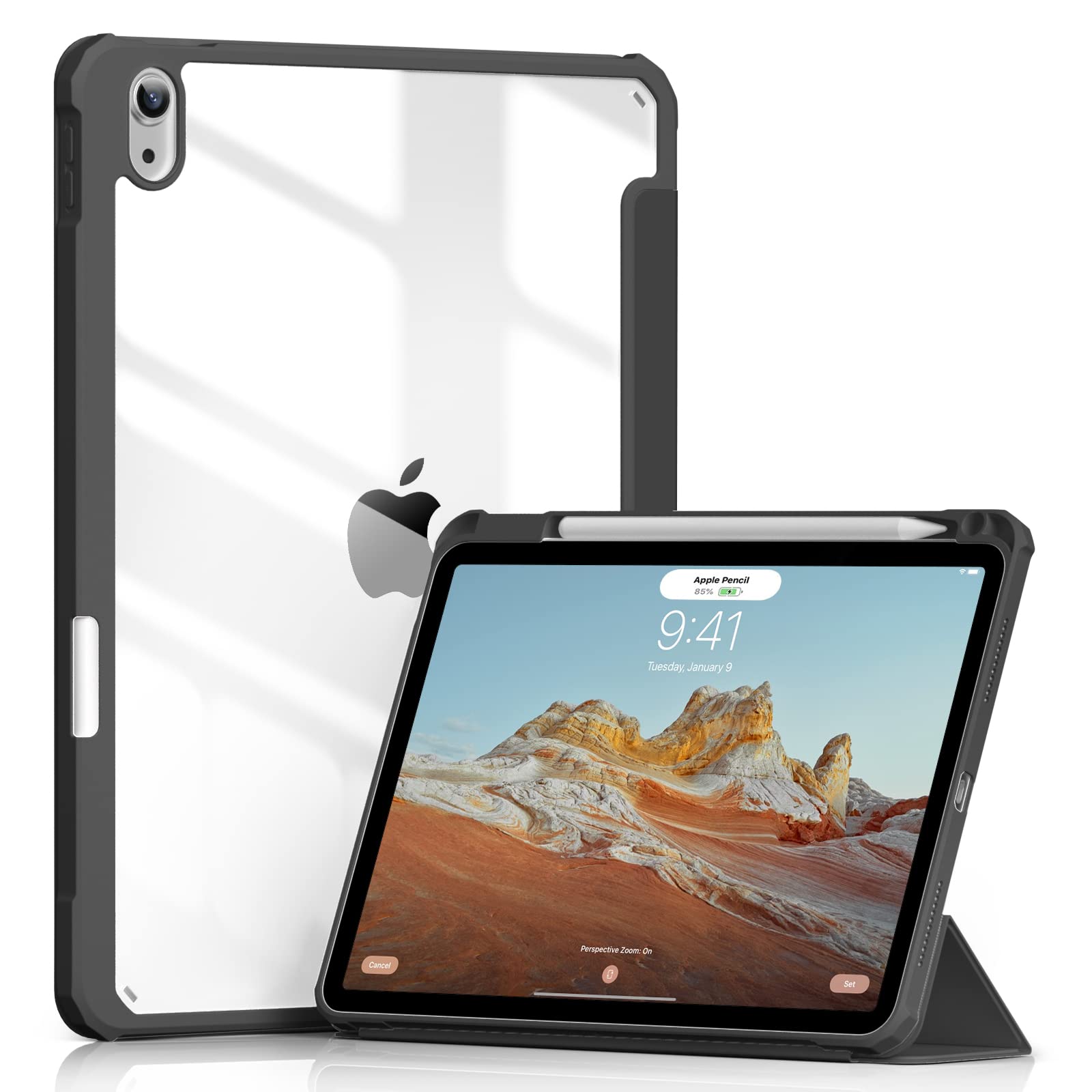 Aoub iPad Air 5th Generation (2022) & iPad Air 4th Gen (2020) 10.9 inch Case - Slim Trifold Stand Cover with Clear Transparent Back, Built-in Apple Pencil Holder, Shockproof Protection & Auto Sleep/Wake | Perfect for Work, School & Travel (Black)