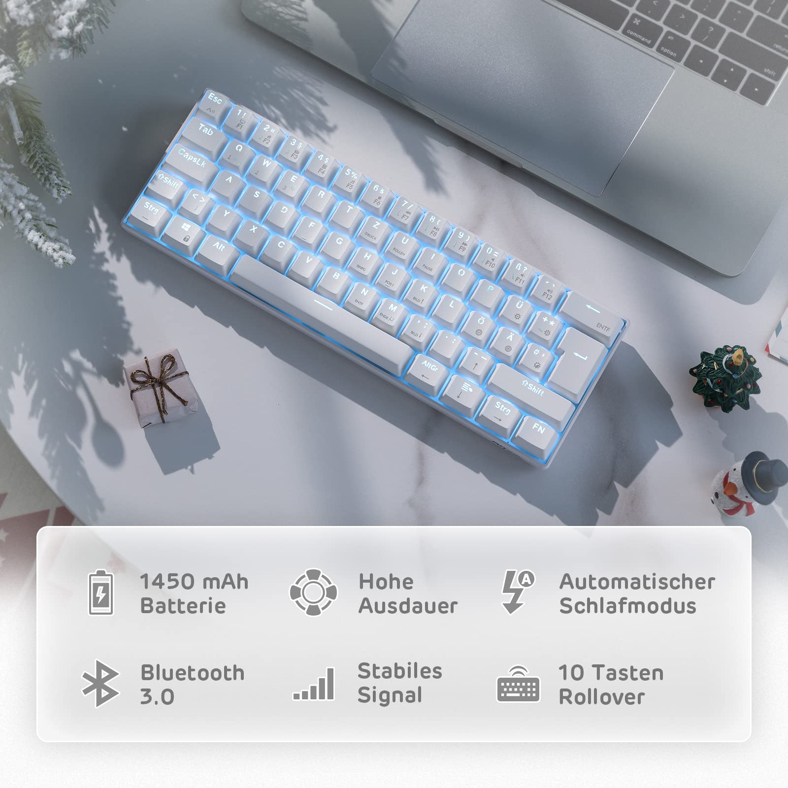 RK ROYAL KLUDGE RK61-DE 60% Wireless Mechanical Gaming Keyboard - Bluetooth/2.4GHz/USB-C Wired, Hot-Swappable Brown Switches, 61 Keys, White, QWERTZ Layout for Windows/Mac - Perfect for Gaming, Office Work & Programming