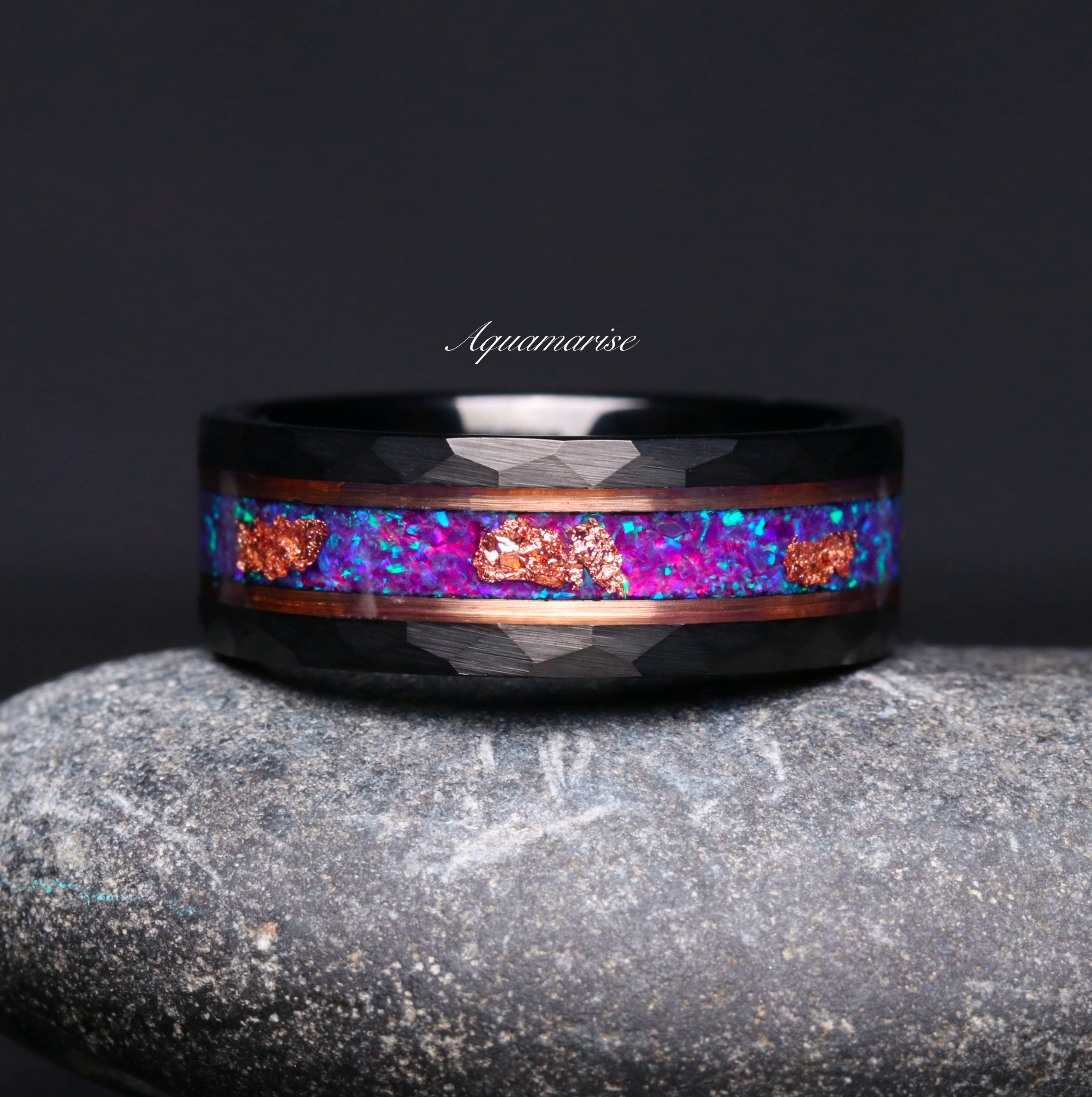 8MM Black Tungsten Carbide Wedding Band with Purple Fire Opal & Rose Gold Leaf - Perfect for Men's Engagement Rings, Anniversary Gifts & Unique Jewelry Collections