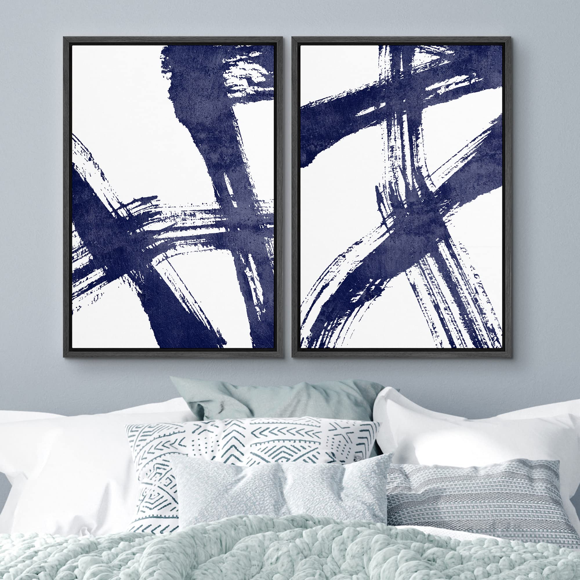 Ashbrook Framed Canvas Print Wall Art Set - Blue & White Abstract Paint Stroke Modern Art for Living Room, Bedroom, Office Decor - 16x24 Inches Black Frame | Perfect for Home, Office & Gift Giving