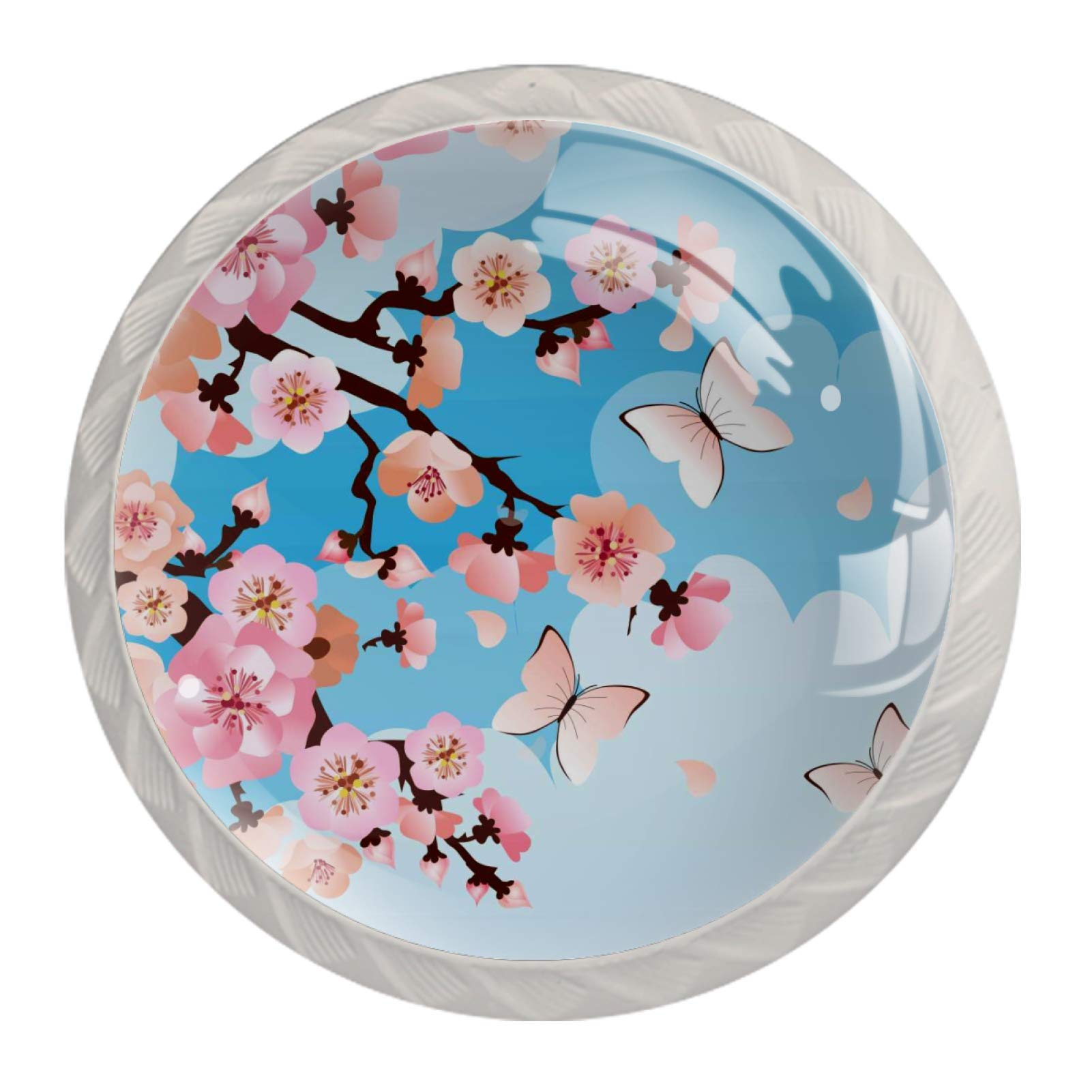 Decorative Round Cabinet Knobs - Cherry Blossom & Butterfly Design - 4PCS Set for Kitchen Cabinets, Closet Drawers & Dresser Pull Handles - Perfect for Home Decor & Furniture Upgrades