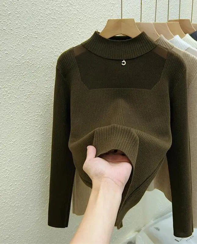 Women's Korean Fashion Velvet Sweater - Solid Color Warm Round Neck Long Sleeve Knit Pullover for Autumn Winter | Cozy Thick Knitwear for Office, Dating & Casual Outfits