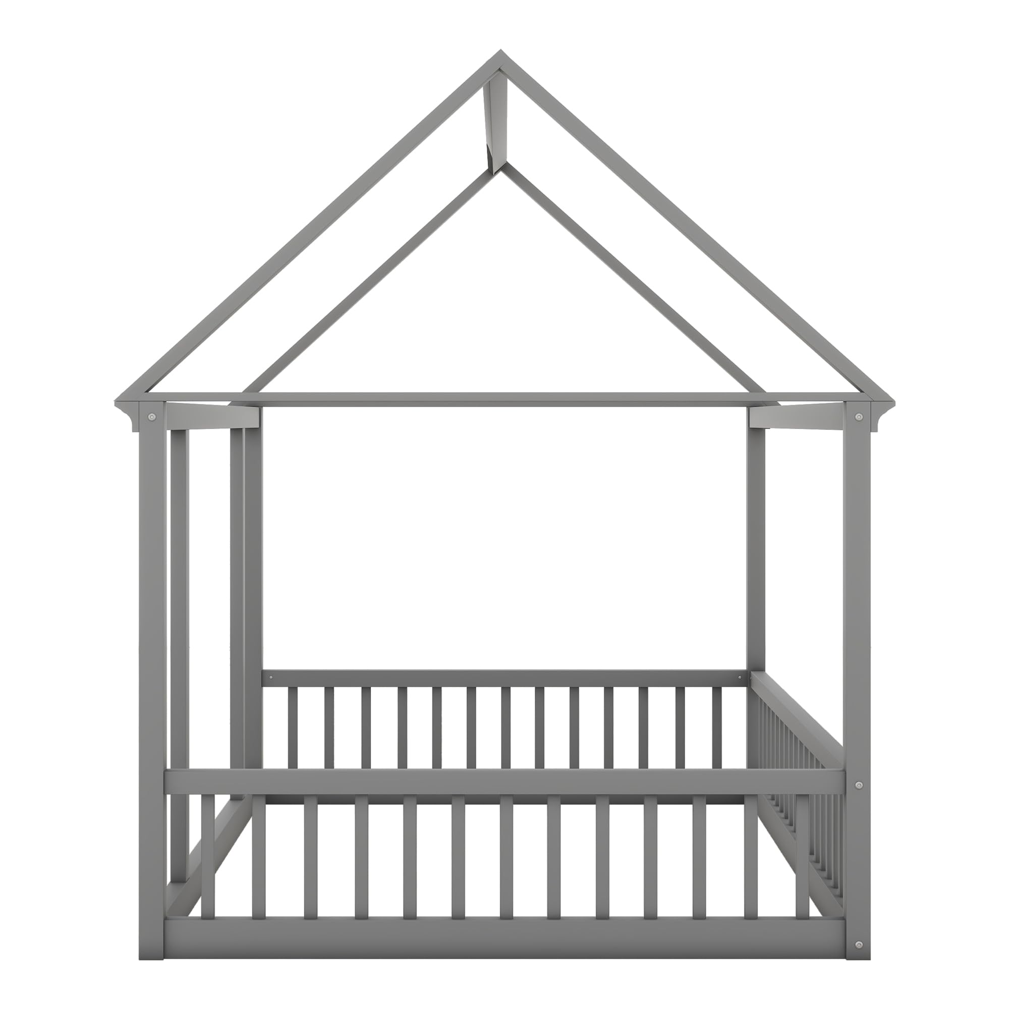 Bellemave Full Size Wooden Floor Bed for Kids - Montessori House Bed Frame with Safety Fence, Playhouse Design for Boys & Girls (Gray) - Perfect for Bedrooms, Playrooms & Montessori Learning Spaces