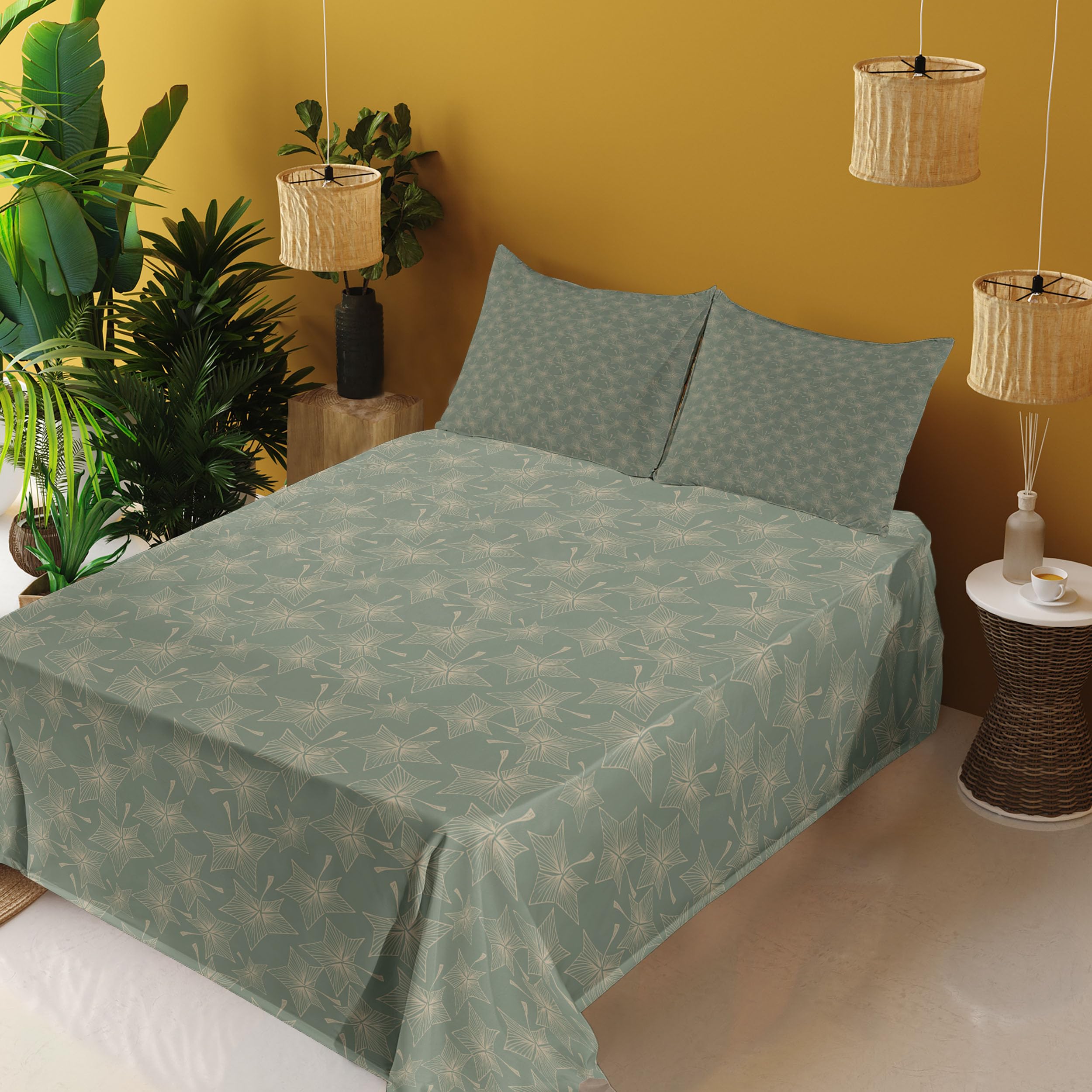 Ambesonne Abstract Autumn Leaves Star-Shaped Striped Botanical Bed Sheet Set - 4 Piece King Size with Fitted Sheet, Flat Sheet & Pillowcases in Reseda Green & Tan - Perfect for Fall-Themed Bedrooms, Guest Rooms & Cozy Seasonal Decor