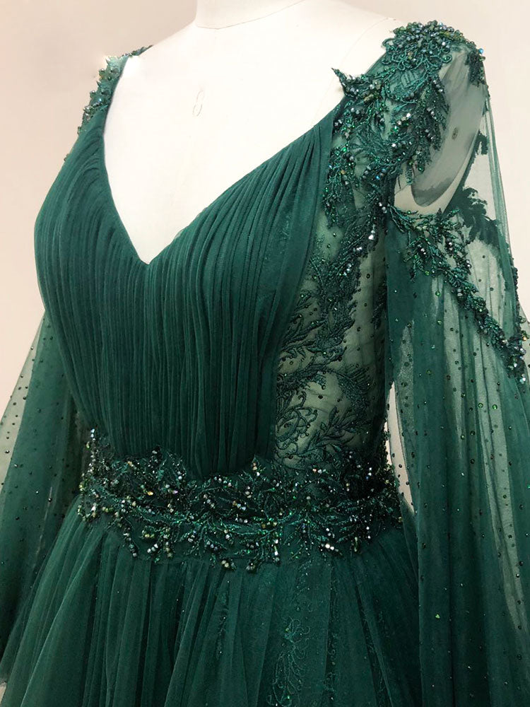 Elegant A-Line V-Neck Tulle Lace Green Long Prom Dress for Women | Formal Evening Gown for Homecoming, Wedding Guest, and Special Occasions