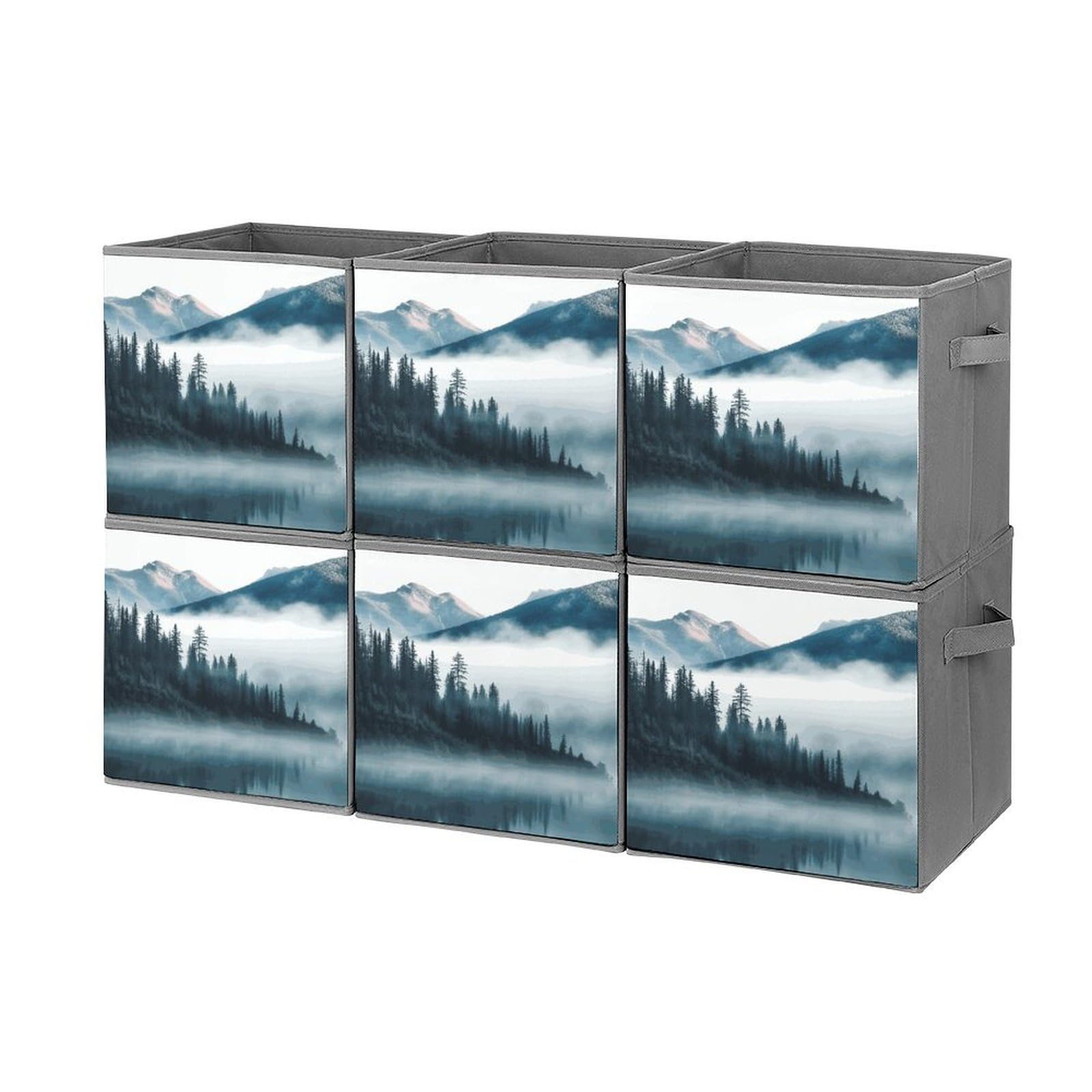 6-Piece Collapsible Storage Bins with Handles - Foggy Mountains Printed Foldable Organizing Baskets for Home, Office & Closet | Space-Saving Storage Boxes for Shelves, Pantry & Laundry Room Organization
