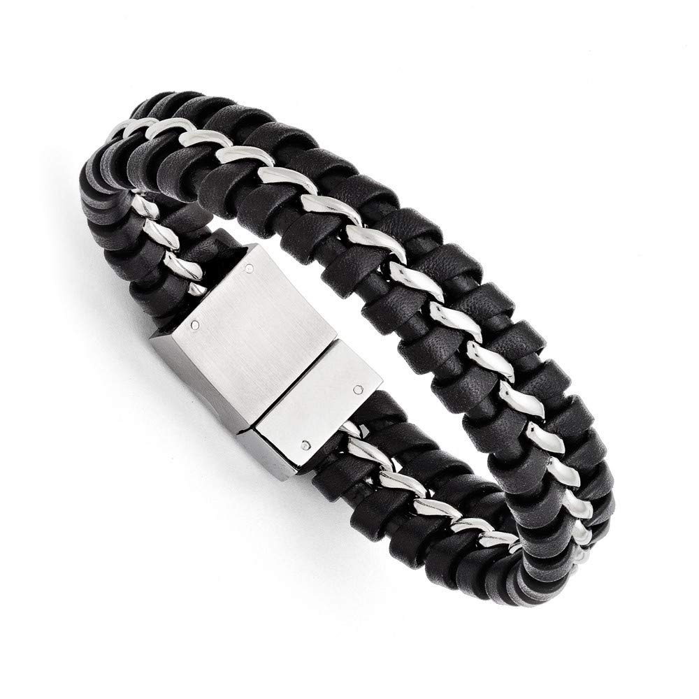 Stainless Steel Magnetic Clasp Black Leather Bracelet for Women - 9 Inch Polished & Brushed Jewelry Gift - Perfect for Everyday Wear, Office & Special Occasions