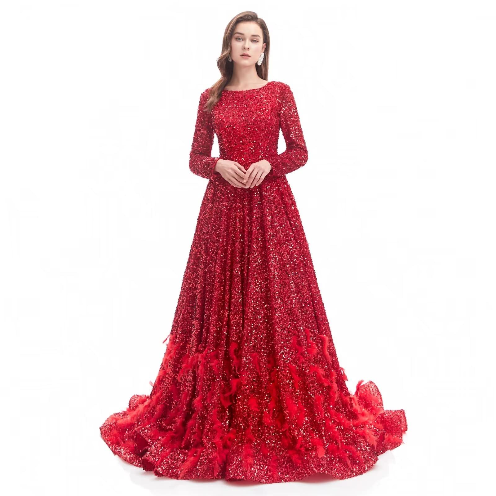 Elegant Sequin Long Sleeve Formal Evening Dress for Women - Luxurious Chapel Train Prom Party Gown | Perfect for Weddings, Galas, Black Tie Events & Special Occasions