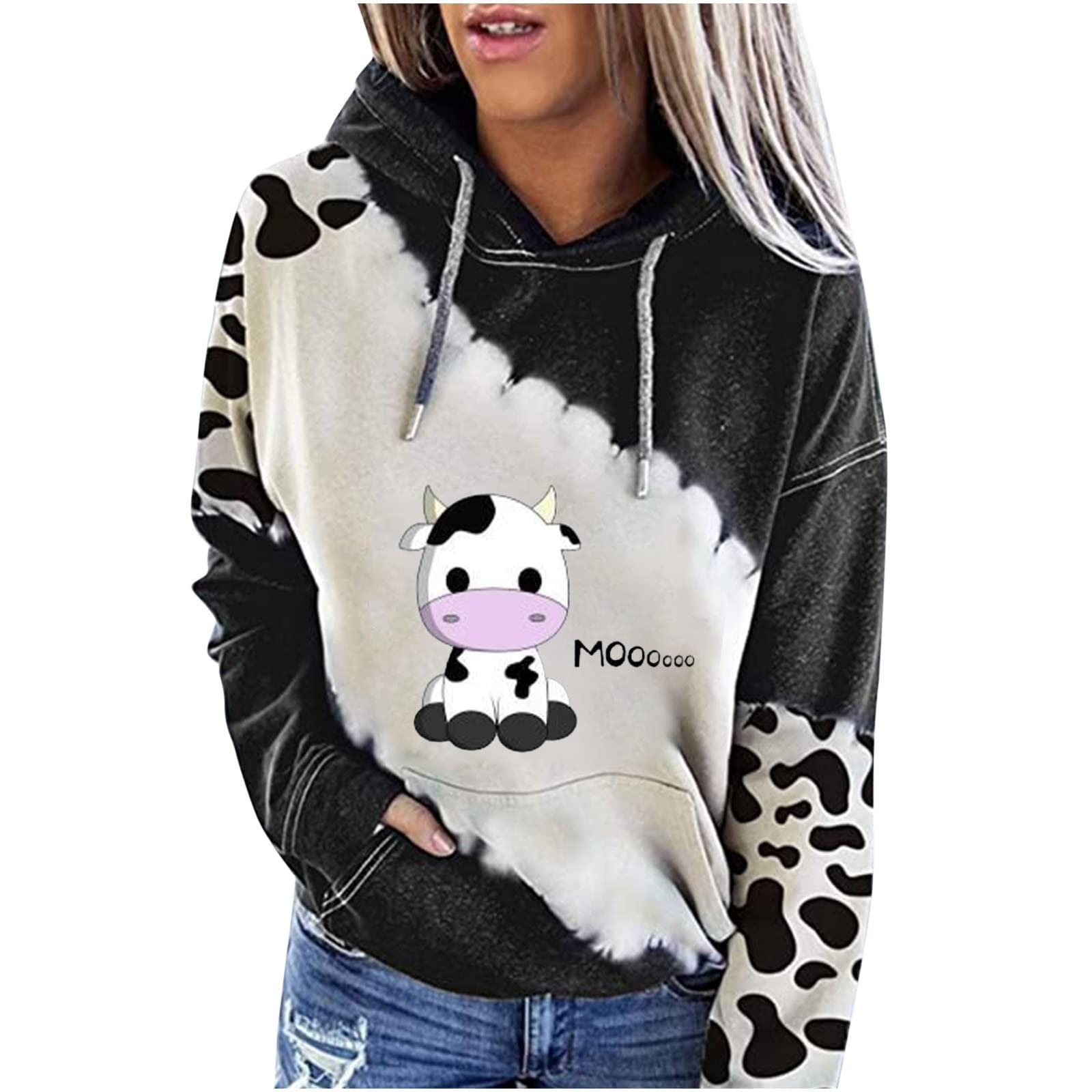 RIJJTRP Women's Plus Size Cute Cow Print Hoodie - Soft Long Sleeve Pullover Sweatshirt with Hood for Casual Wear, Loungewear & Street Style Outfits