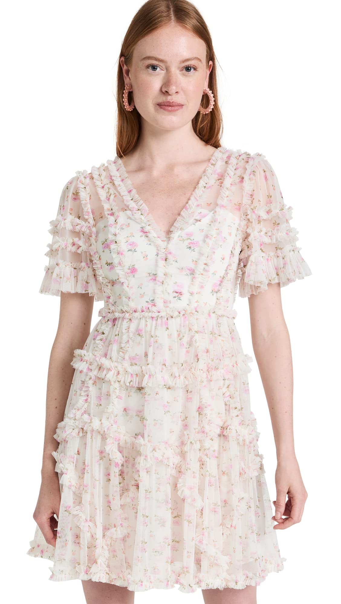 Needle & Thread Women's Bijou Rose Ruffle Mini Dress - Elegant Floral Cocktail Party Dress for Weddings, Dinners & Special Occasions