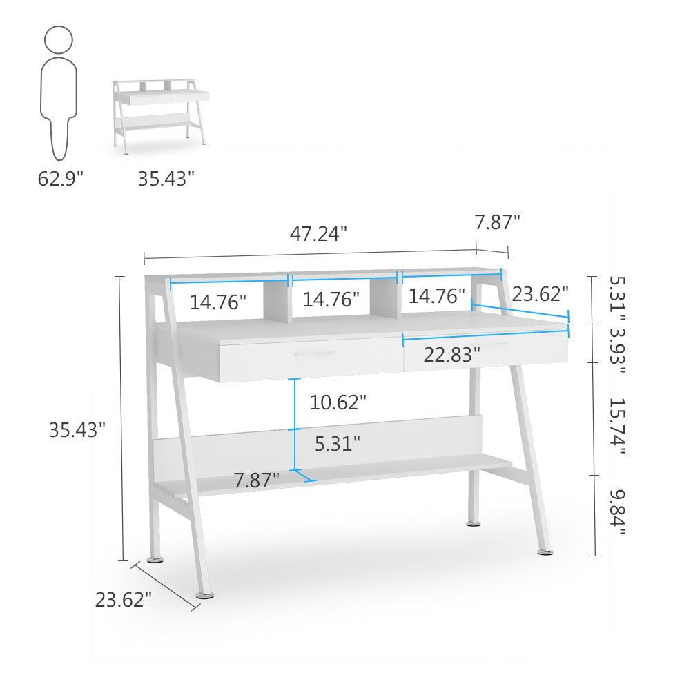 Modern White Computer Desk 47 Inch - Sturdy Writing Desk with Storage Shelf & Drawers for Home Office, Gaming & Study Workspace