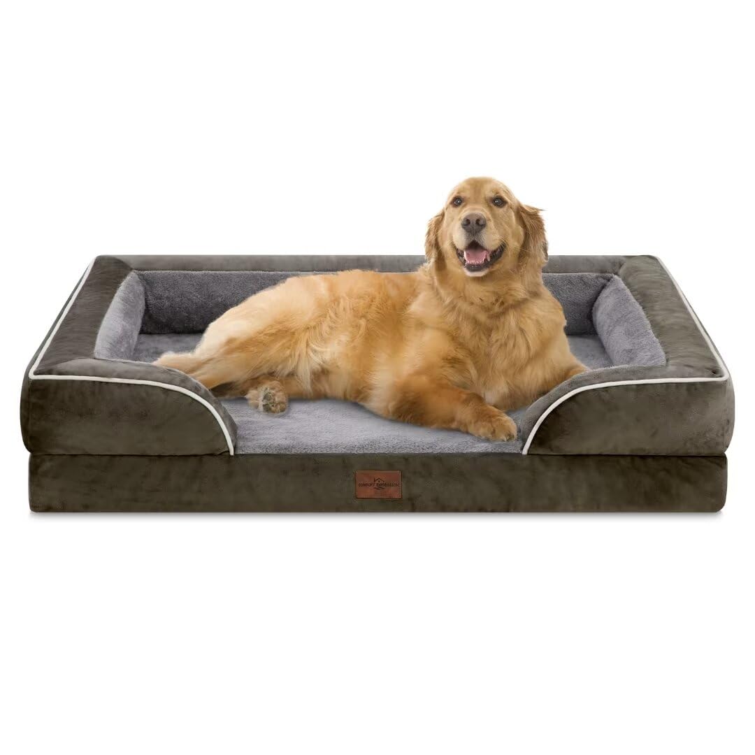 Extra Large Orthopedic Dog Bed for Big Dogs - Waterproof Washable Pet Sofa Bed with Removable Cover, Non-Slip Bottom & Bolster Support - Perfect for Large Breed Dogs in Living Room, Bedroom or Kennel (XL, Dark Green)