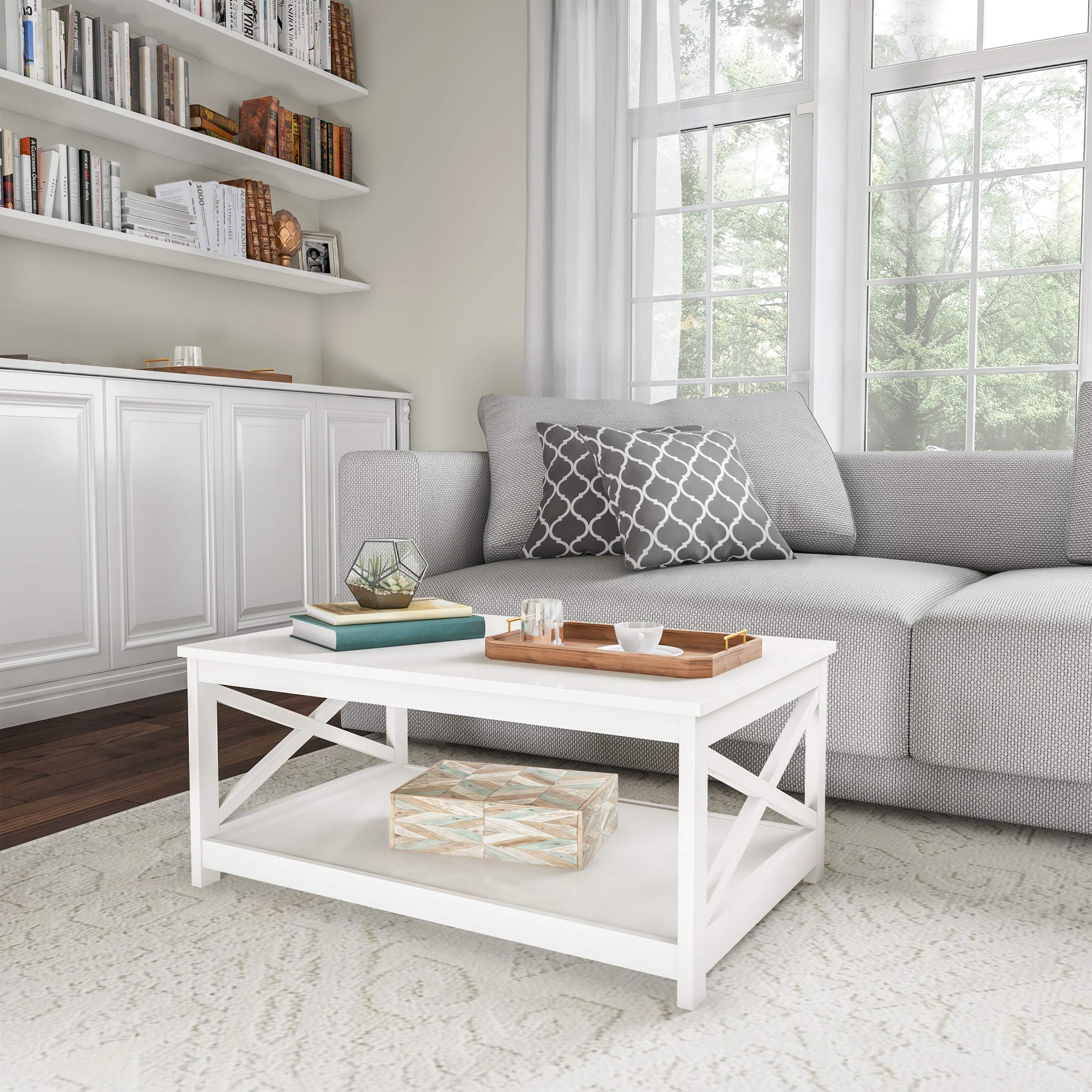 2-Tier Wood Coffee Table - X-Leg Sofa Table for Living Room Storage & Display - White