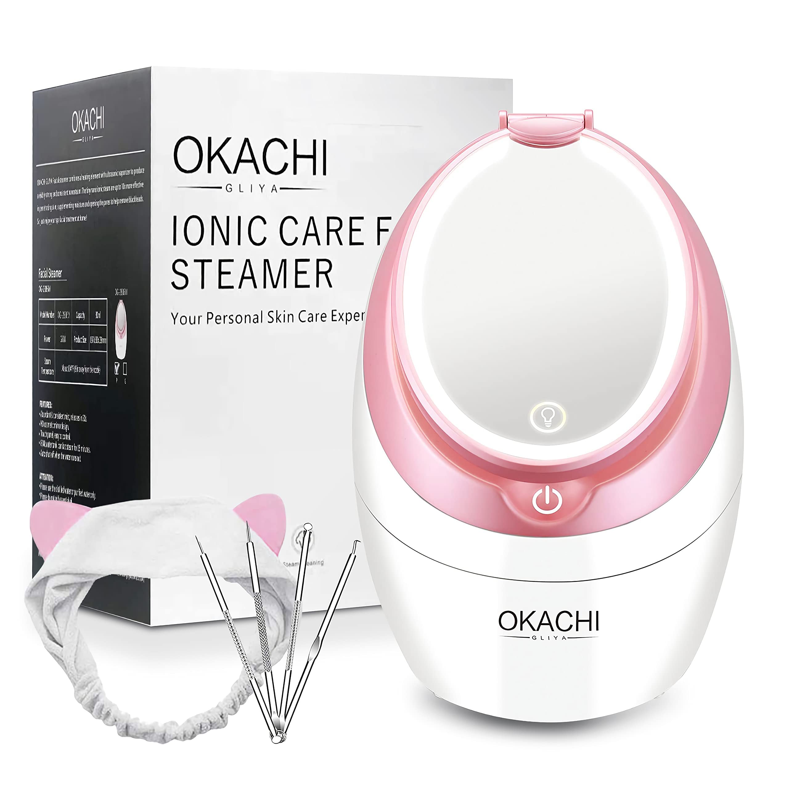 OKACHI Professional Nano Facial Steamer with LED Makeup Mirror - Deep Cleaning & Moisturizing for Skin Care - Adjustable Steam Temperature - Home Spa & Sauna Humidifier (Pink) | Perfect for Daily Skincare Routine & Relaxation at Home