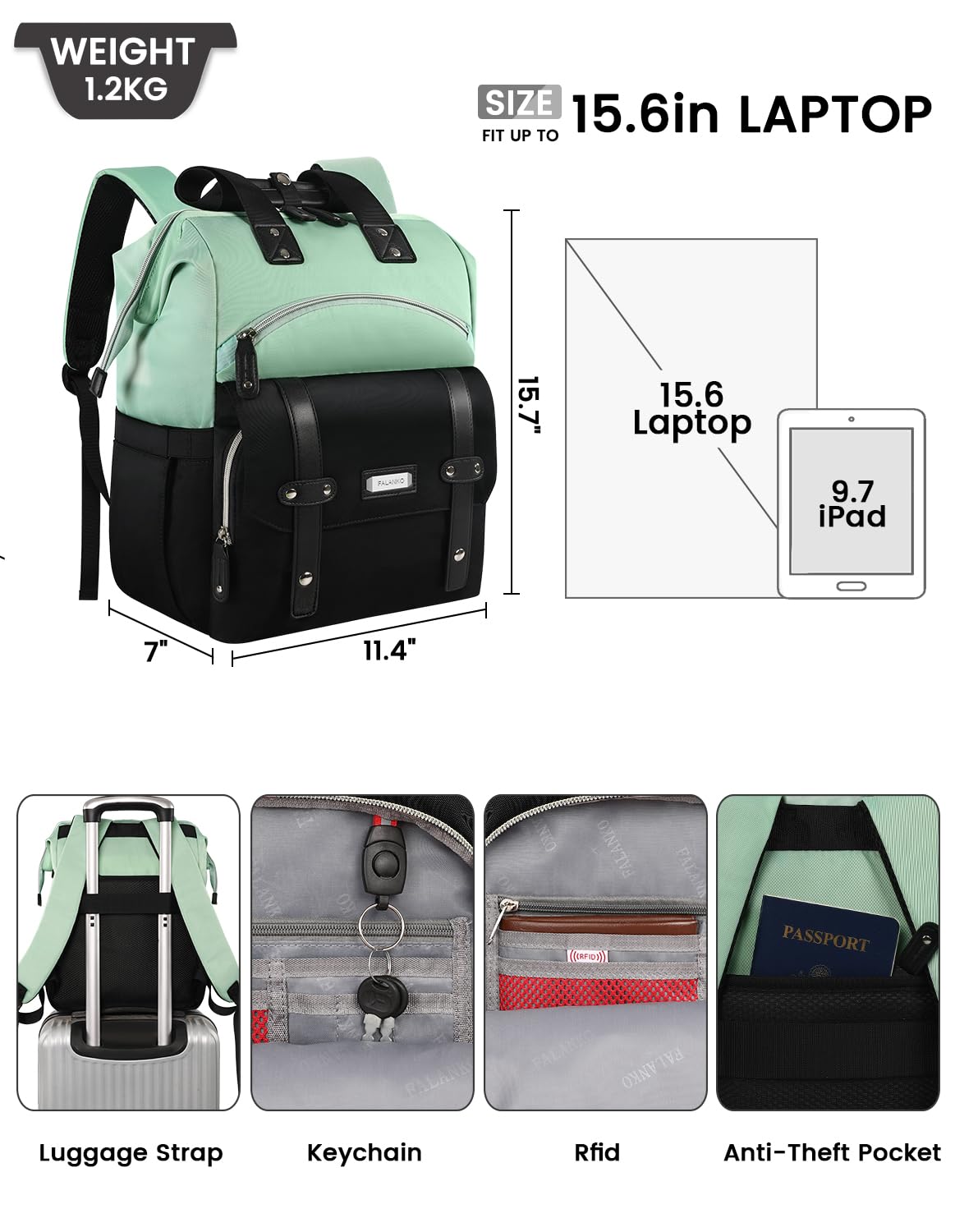 Stylish Women's Laptop Backpack with USB Charging Port - 15.6 Inch Anti-Theft College Backpack for Work & Travel - RFID Protection Shoulder Bag in Green & Black | Perfect for Students, Teachers & Business Professionals | Ideal for Commuting, Campus Use & Business Trips