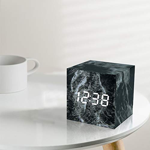 Digital LED Alarm Clock with Sound Control - Imitation Marble Cube Design, Displays Date & Temperature - Perfect for Bedroom, Office, or Travel (Black)