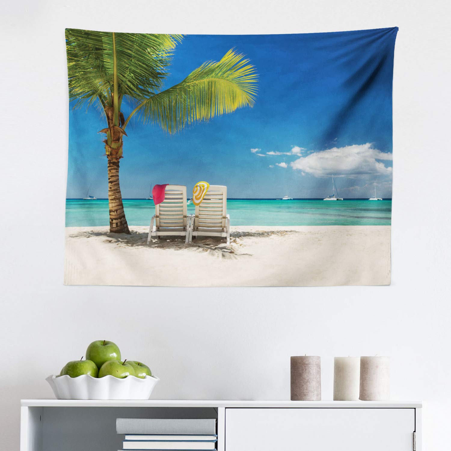 Ambesonne Seaside Tapestry Wall Art - Ocean Beach Vacation Decor with Palm Trees, Chairs & Boats Panoramic View - 28x23 Inch Blue Green Fabric Wall Hanging for Bedroom, Living Room, Dorm - Perfect for Coastal Theme, Boho Decor & Relaxation Spaces