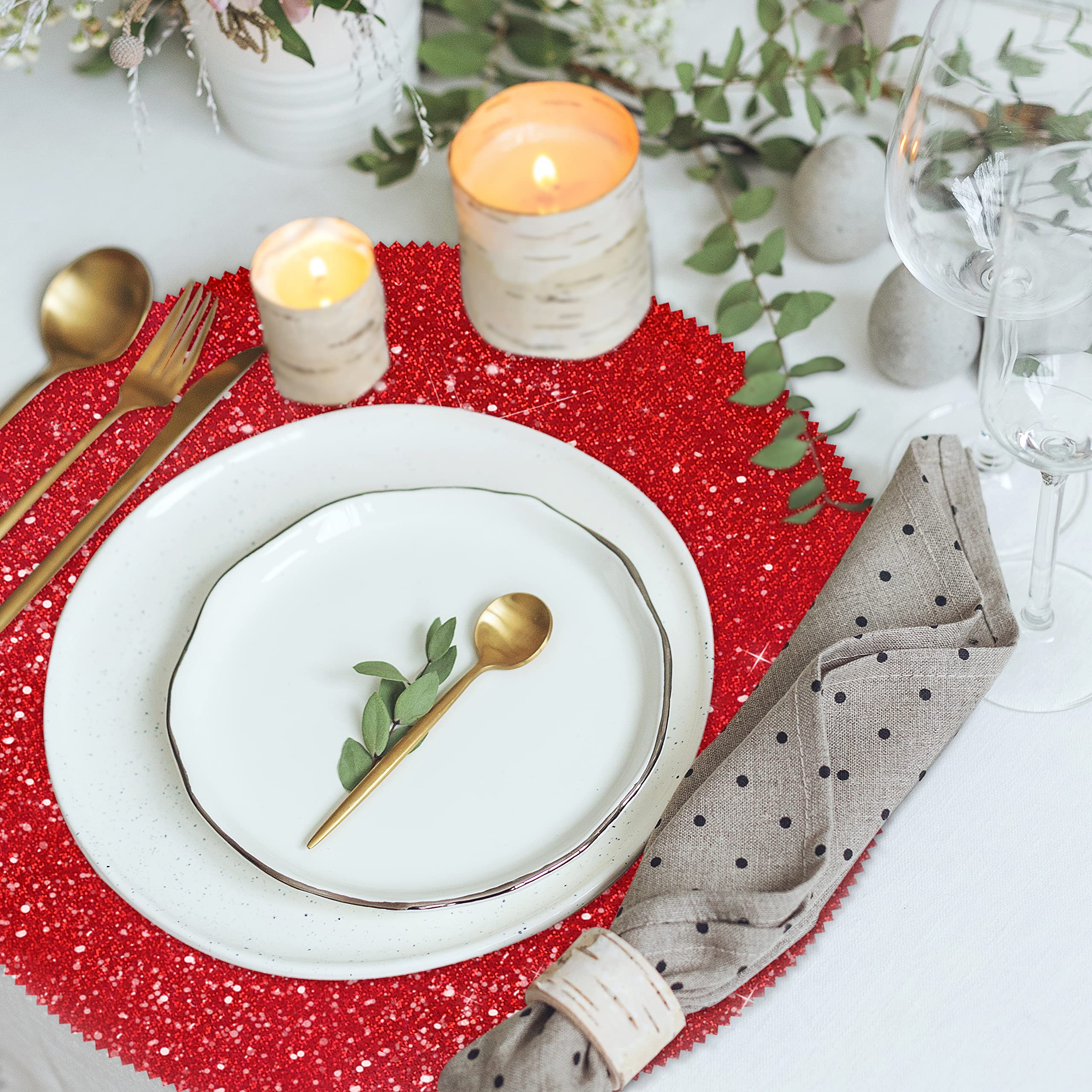 Red Glitter Sparkle Placemats Set of 6 - 15.4 Inch Round Table Mats for Kitchen, Kids, Christmas & Wedding Parties - Waterproof & Washable for Daily Use, Holiday Decor & Special Events