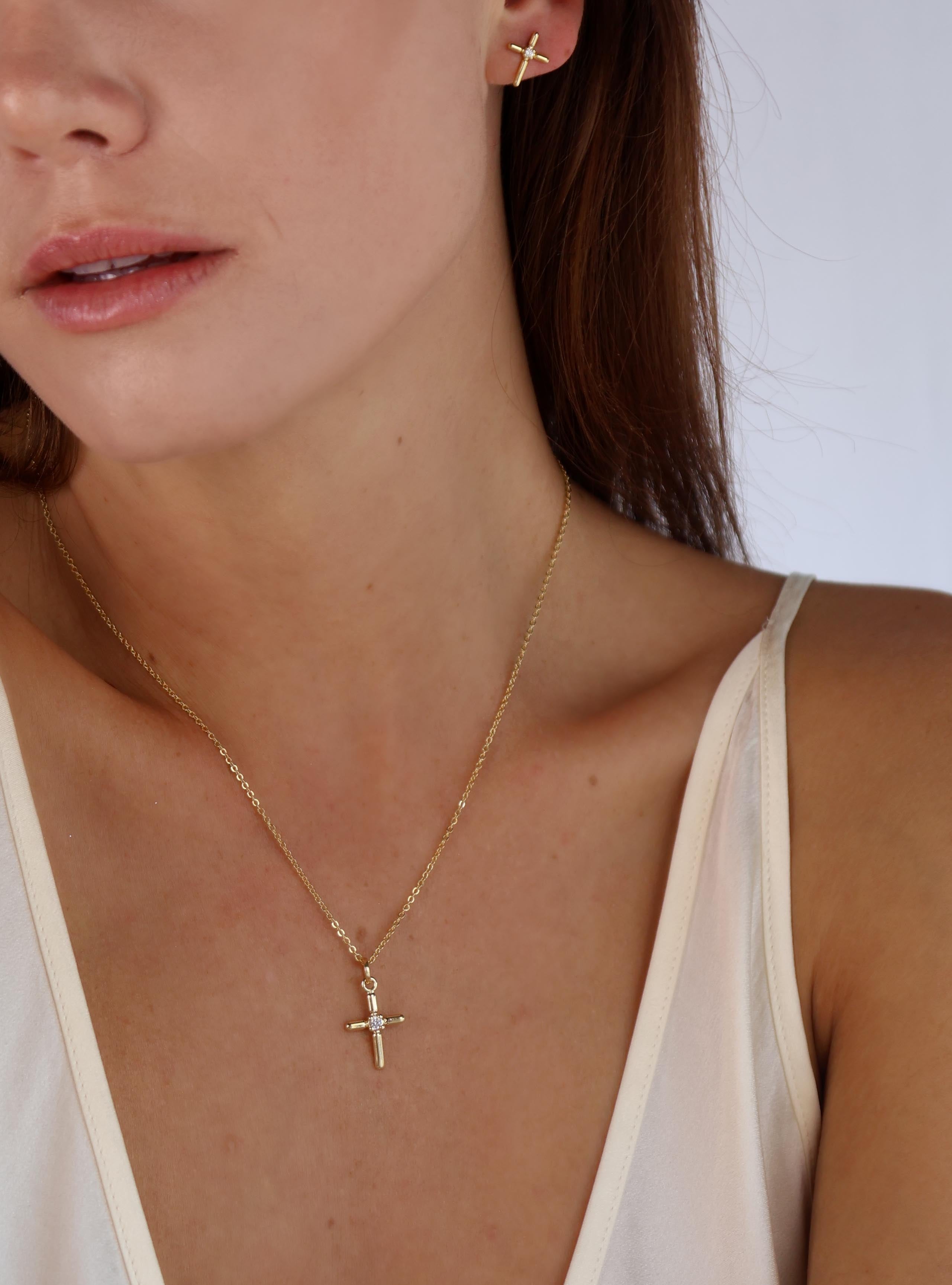 18K Gold Filled Polished Cross Pendant with Cubic Zirconia CZ Stones - Elegant Religious Jewelry for Women, Gift for Baptism, First Communion & Special Occasions