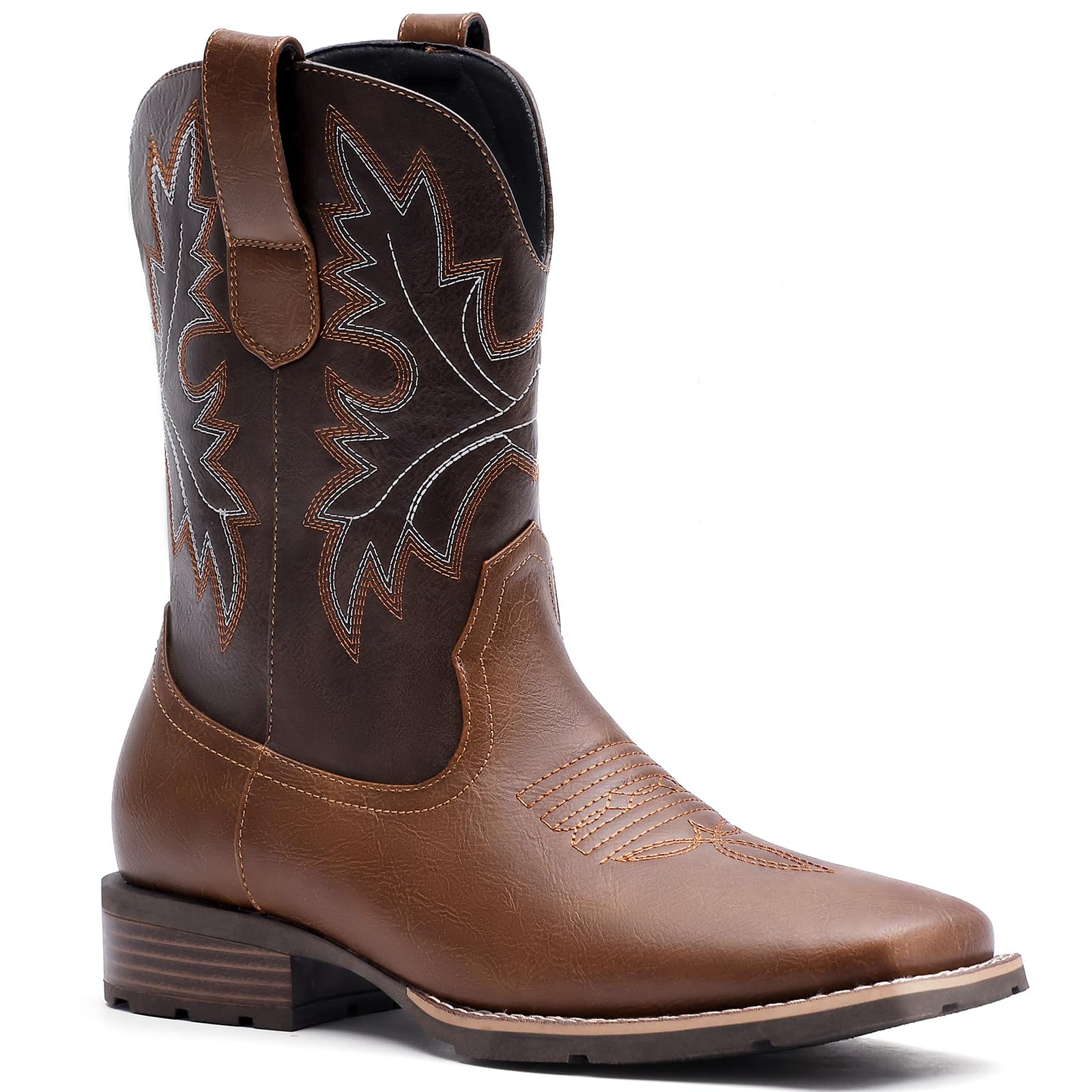 Lumeheel Men's Western Cowboy Boots - Classic Embroidered Square Toe Slip-On Boots with Slip-Resistant Sole & Chunky Heel | Durable Ankle Boots for Spring & Fall | Perfect for Country Dancing, Rodeo Events & Casual Wear